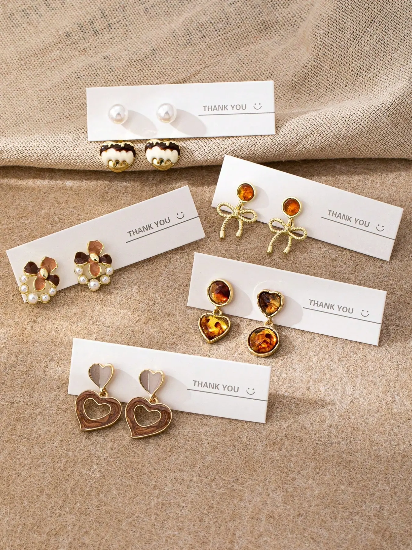 5 Pairs Fall & Winter Tortoiseshell Heart Pendant Earrings, Elegant Bowknot Studs, Imitation Pearl, Casual Jewelry for Women