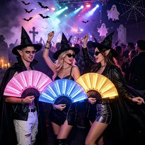 LED Light Up Folding Hand Fan with Steady Fast Slow Flash 3 Lighting Modes, Button Battery Powered Portable Glowing Fan, Viral Handheld Prop for Halloween Bar Club Music Festival Birthday Party Stage Performance Decor