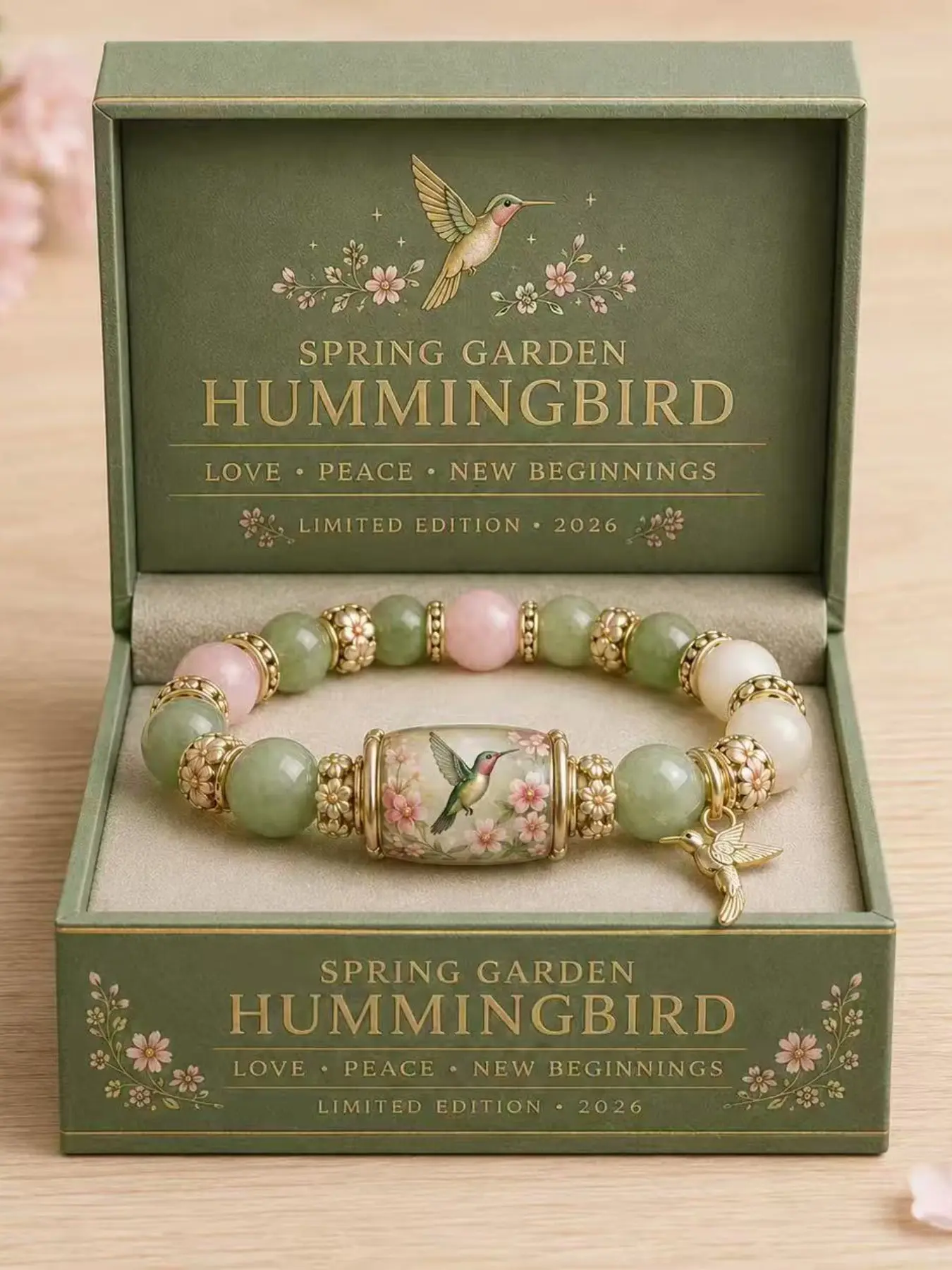 1‑Piece Hummingbird Garden Beaded Bracelet, Soft Healing Cottage‑Core Vibe, Green & Pink Gemstone Beads Hummingbird Print Tube Bead Gold Hummingbird Charm, For Daily Wear Spring Date Bestie Birthday Gift Outfits