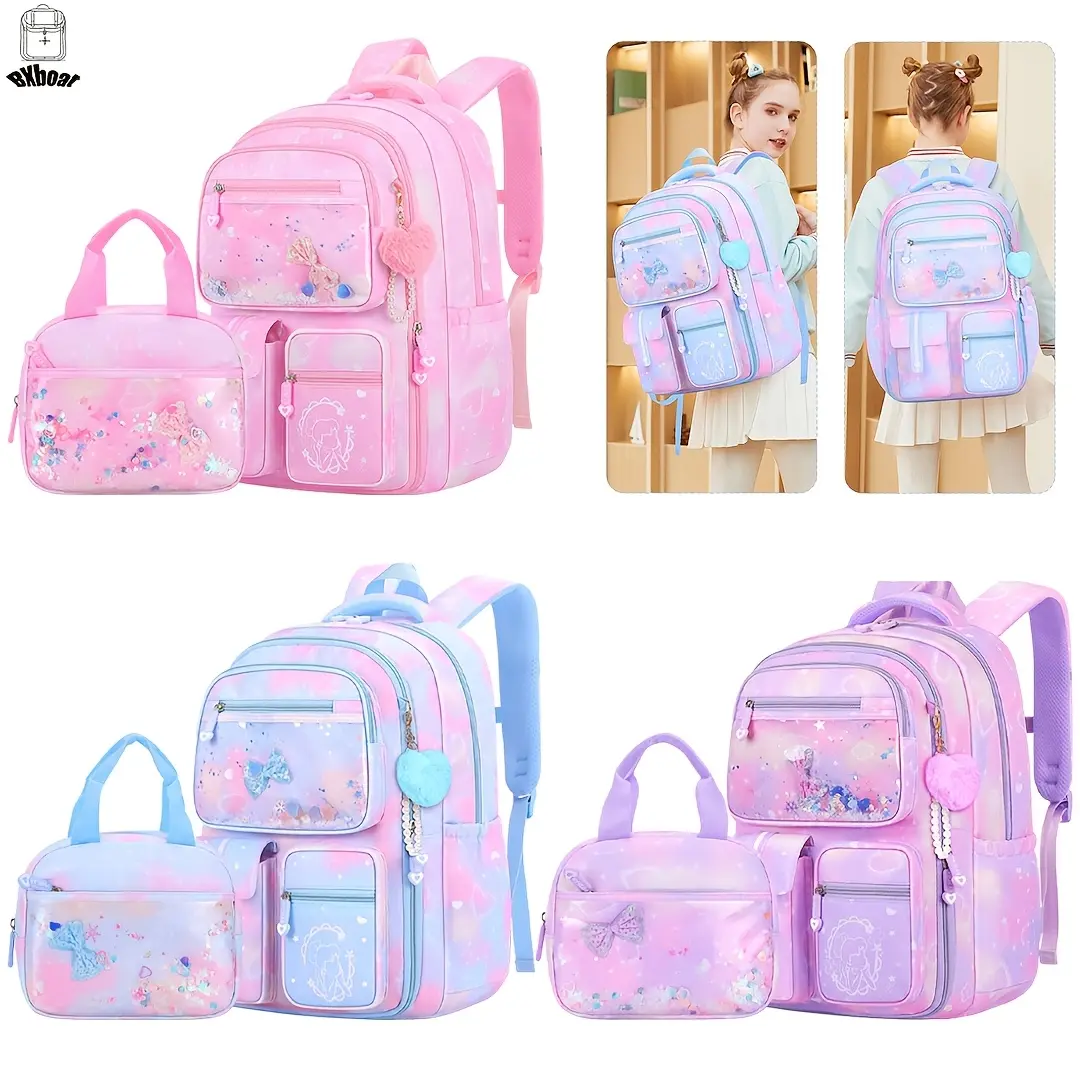 2pcs Bxboat Large Capacity Girls' Backpack with Lunch Box Pocket & 15.6" Laptop Compartment - Cute Bowknot Design, Multiple Pockets, Durable Fabric School Backpack for Teen Girls, Travel & Outdoor (Pink & Blue), Girls' Backpack, for Teenager