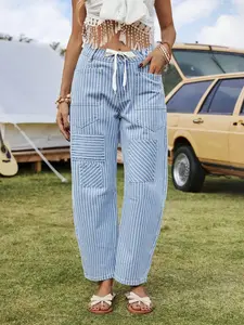 Striped Patchwork Loose Straight Jeans, Drawstring Waist Large Pockets, Casual Nine-Inch Pants, All-Season Comfortable Style