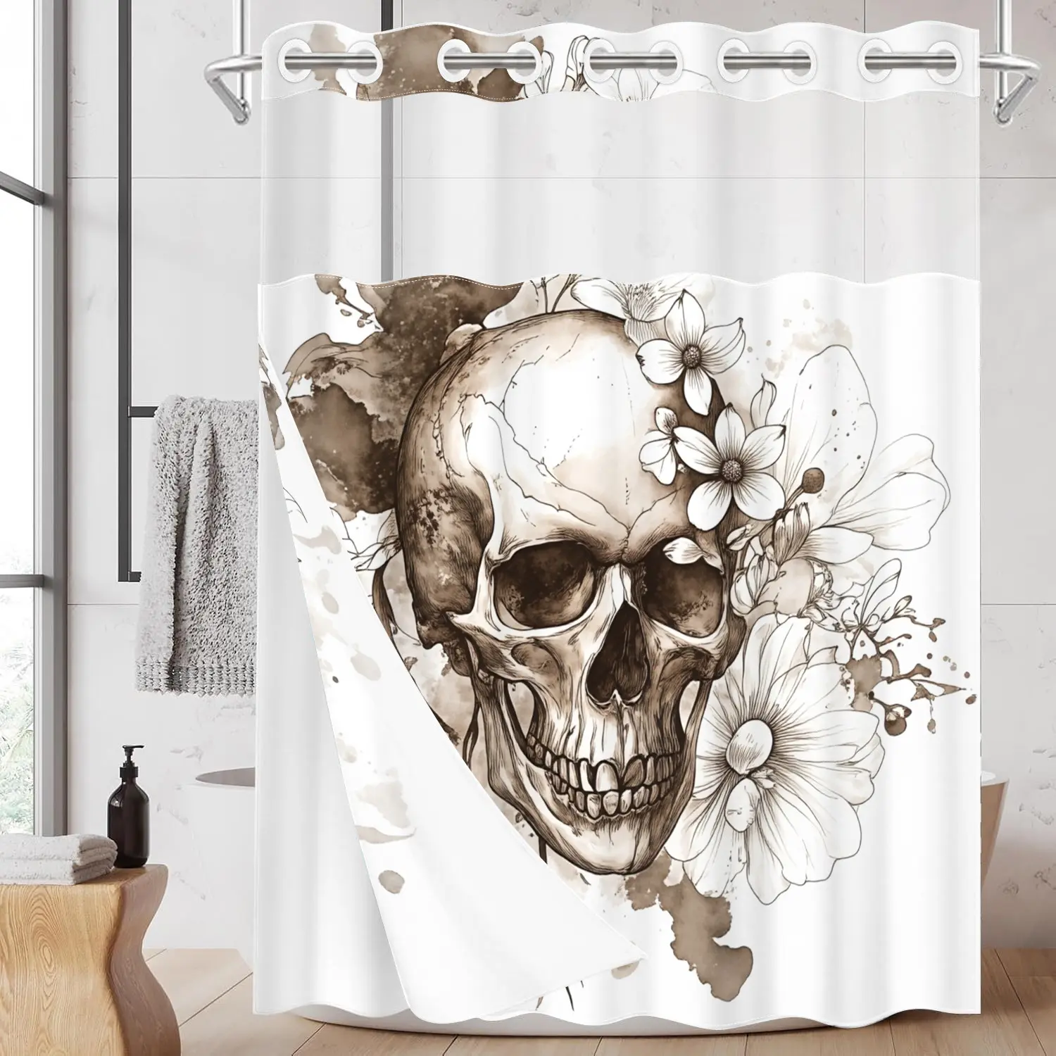 1pc hookless shower curtain with buckle lining, Skull Printed shower curtain, brown ink wash floral design, 2D flat printing, waterproof fabric lining, double-layer shower curtain with see-through window, 71 x 74 inches, Bathroom Curtain