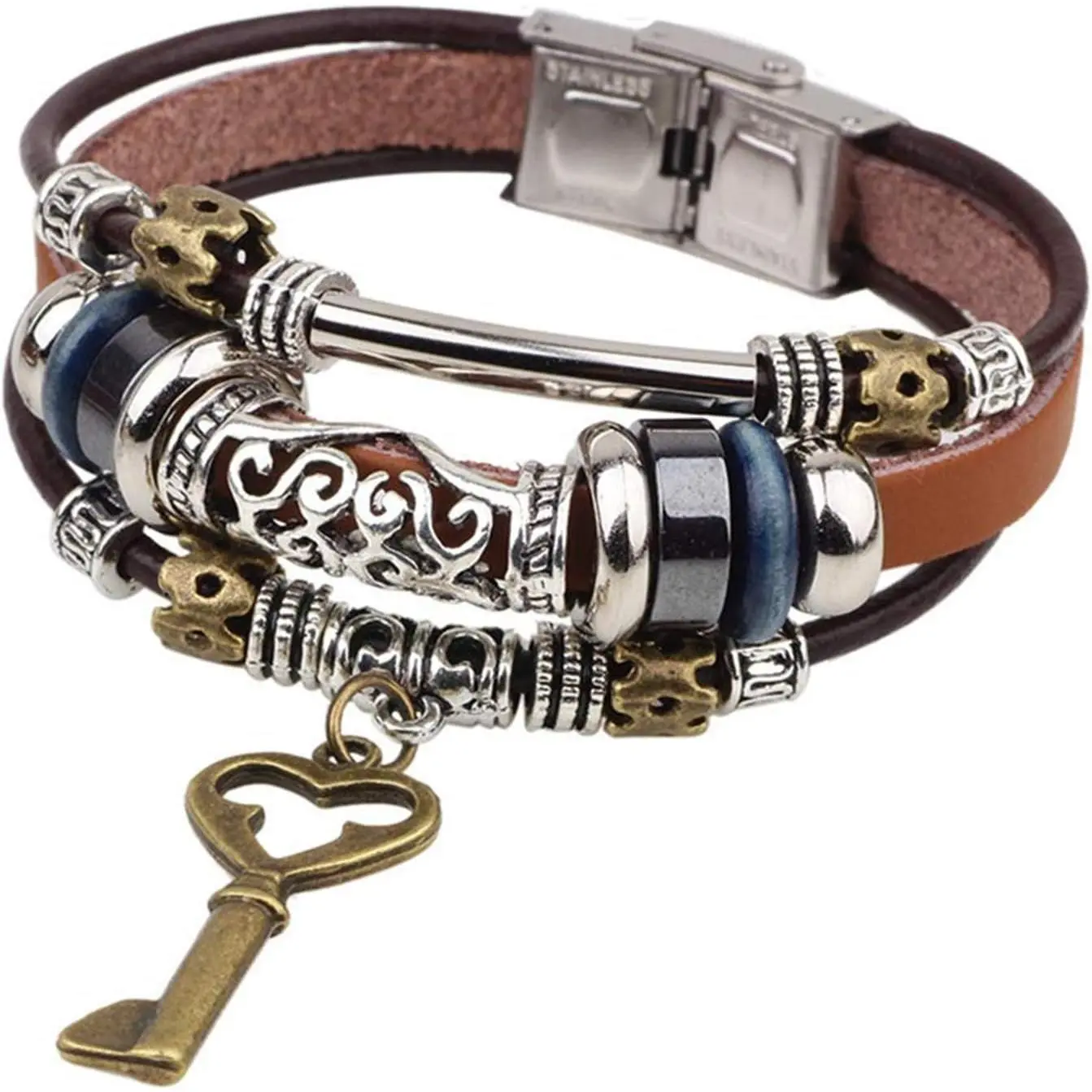 Bohemian Leather Bracelets for Men and Women  Punk Alloy Butterfly Key Adjustable Beaded Wrap Multilayer Braided Cuff Bangles Wristband Wrist Decor Bracelet