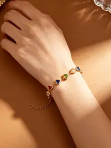 14k Rainbow Heart Crystal Link Bracelet, Adjustable Extension Chain, Y2K Kawaii Style, Dainty Stackable Wrist Jewelry for Women