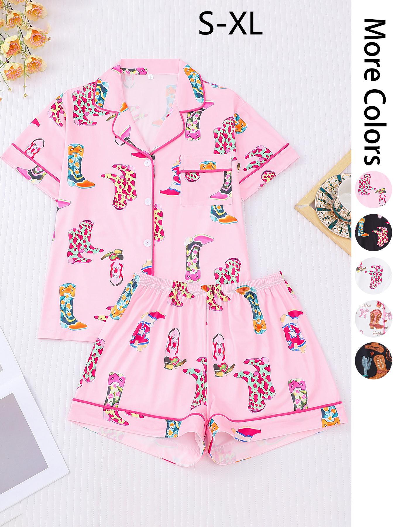 Women's All Over Cowboy Boots Print Pajama Two-piece Set, Casual Comfy Short Sleeve Lapel Neckline Tee & Shorts PJ Set, Ladies Summer Sleepwear
