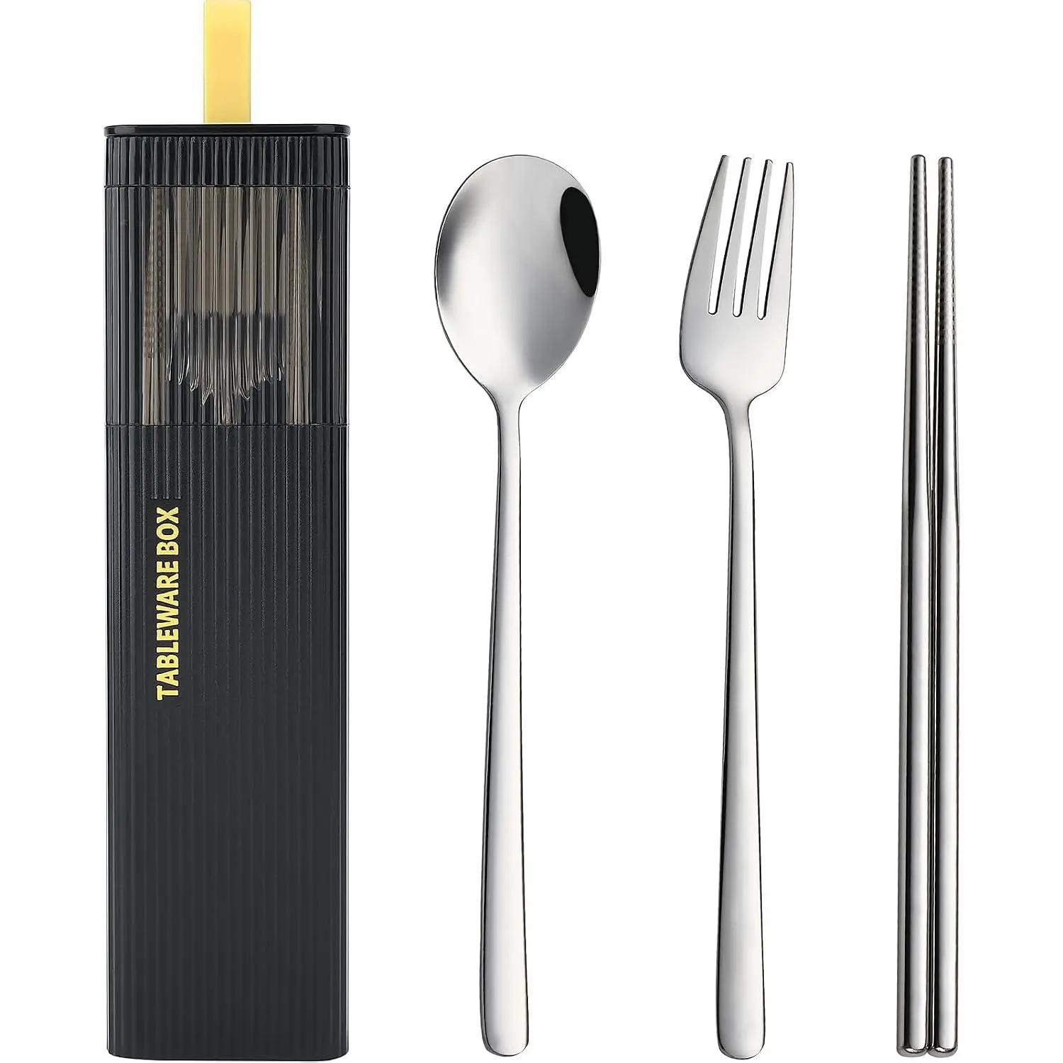 Travel Utensils with Case, 4 count Korean Chopsticks Fork and Spoon Set | 18/8 Stainless Steel Portable Cutlery Set,  Silverware for Lunch Box/Camping/Work/School, Dishwasher Safe, Black