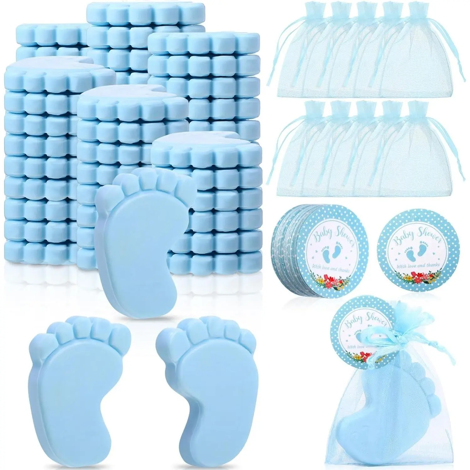 50 Sets Baby Shower Soap Favors for Guests Boy Girl Mini Handmade Scented Soaps with Thank You Tags and Organza Bags for Gender Reveal Baptism Shower Wedding Party(Blue)
