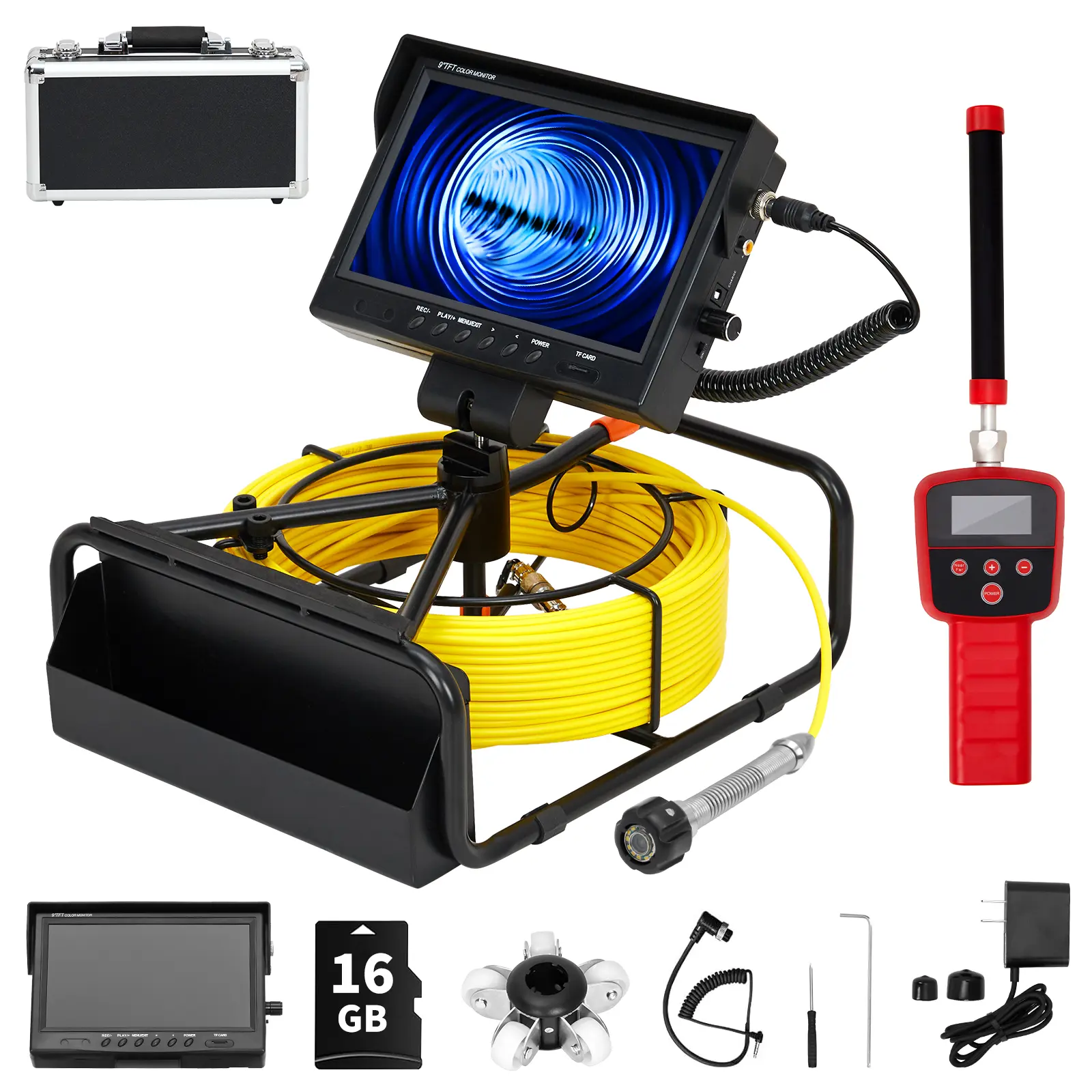 Sewer Inspection Camera with 512Hz Locator – 100FT IP68 Waterproof Pipe Borescope, 9" 1080P LCD Monitor, DVR & Audio Recording, 23mm Probe, 12 Adjustable LEDs, 4500mAh Battery, 16GB Card – Professional Plumbing & Drain Camera