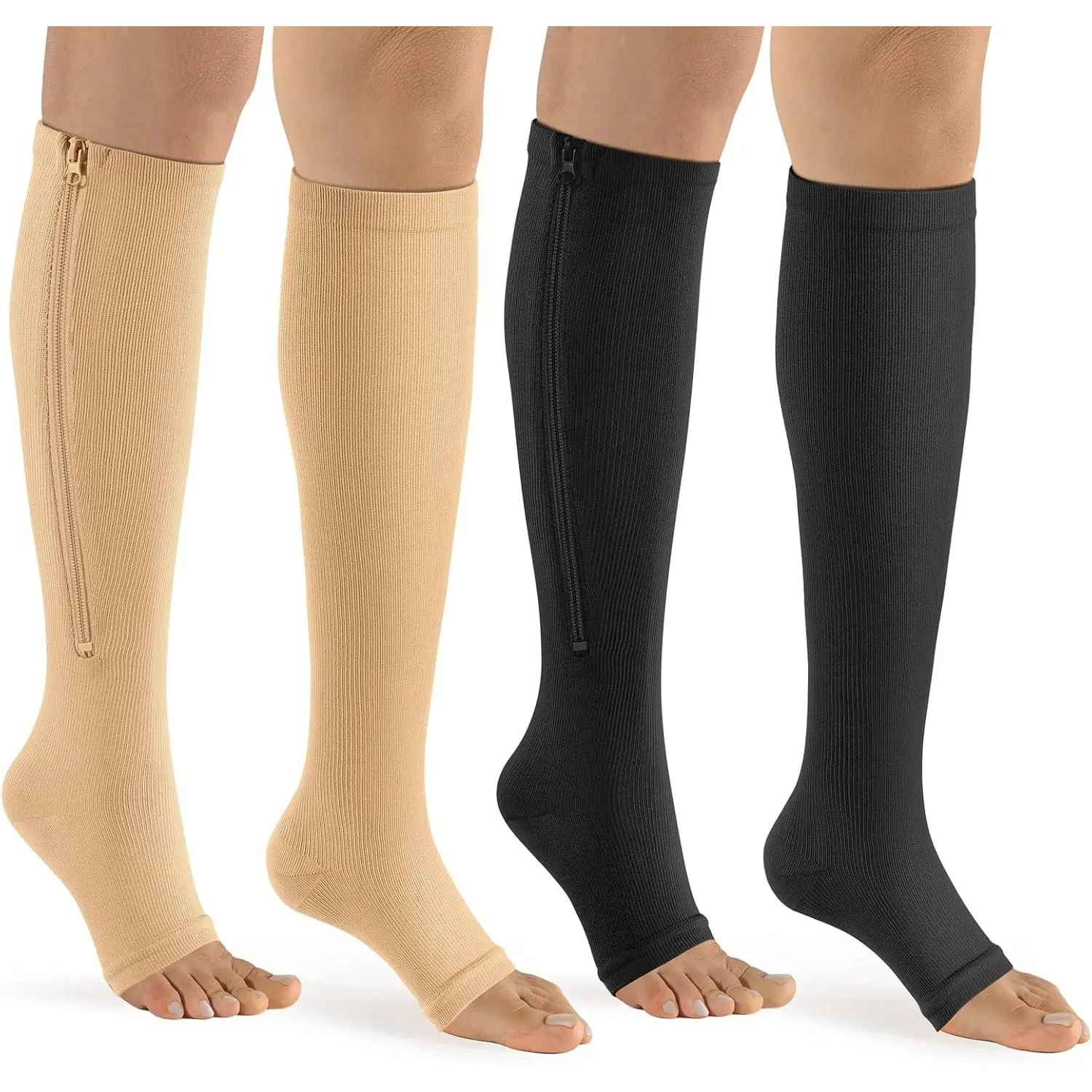 Zipper Compression Socks for Women & Men 15-20mmHg Open Toe Knee High - 2 Pairs Calf Compression Stockings for Walking, Recovery, Pregnancy, Nurses