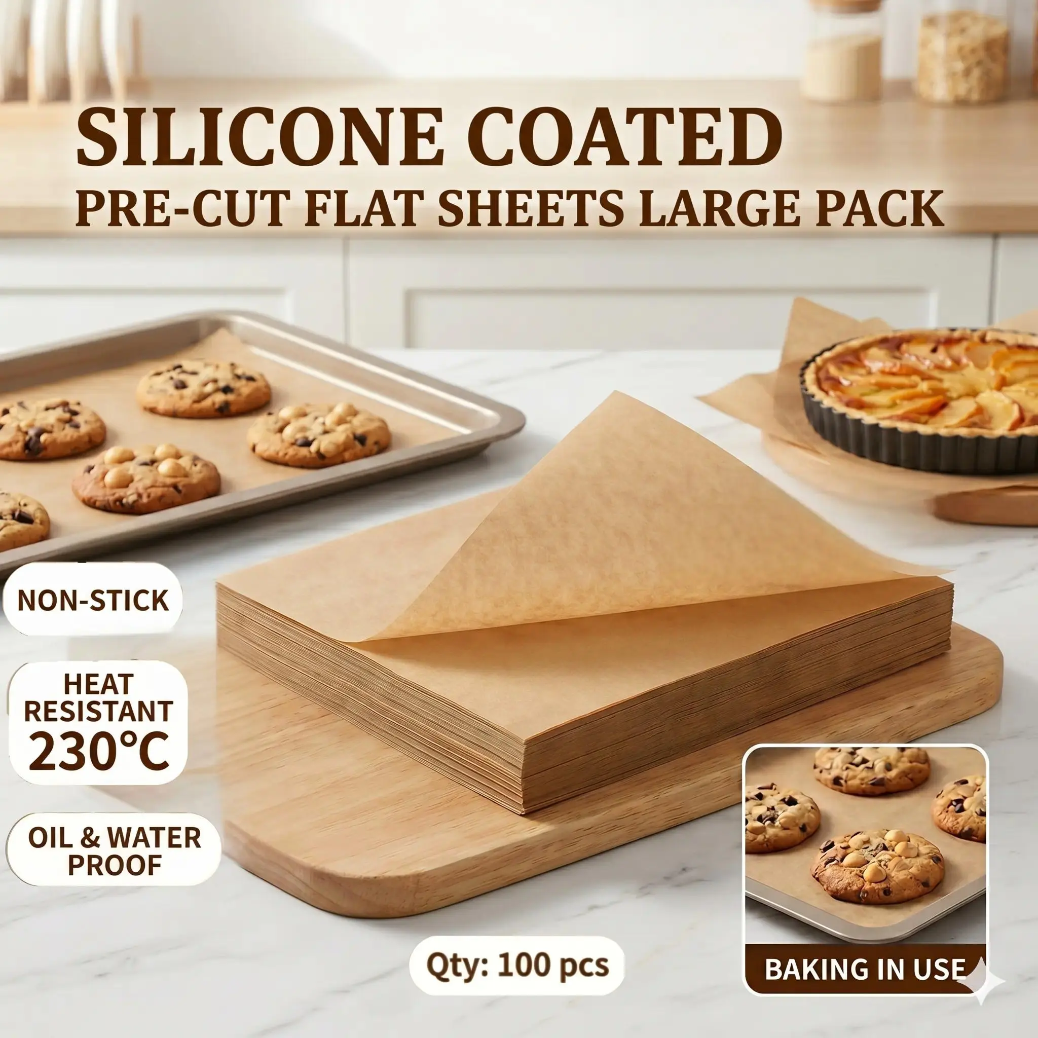 100-Pack Pre-Cut Unbleached Brown/White Silicone Oil-Coated Baking Paper Liners, Bakeware Kitchen Supplies, 9×13in(23×33cm)/12×16in(30×40cm), Foldable, Cuttable, Food-Safe, Durable, Non-Stick, For Ovens, Baking Pans, Air Fryers