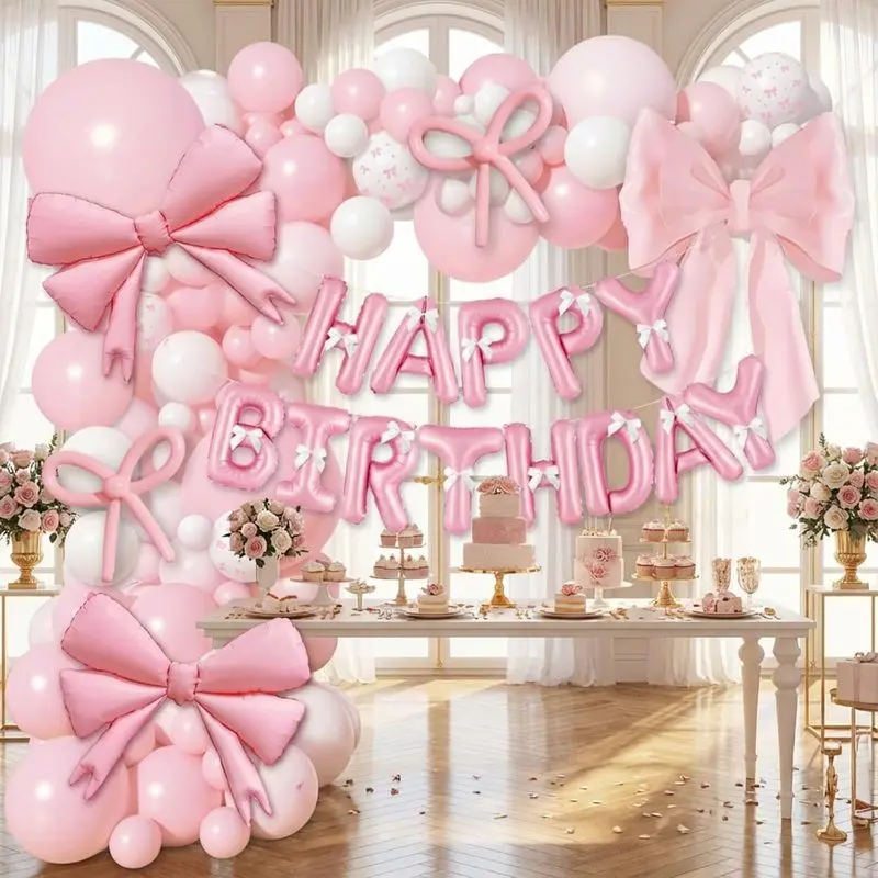 102Pcs Pink Bow Balloon Garland Kit, Girls Birthday Decorations, Latex Balloons with Ribbon & Strip, Balloon Arch Decoration, Party Supplies for Baby Shower, Gender Reveal, Bachelorette, Wedding