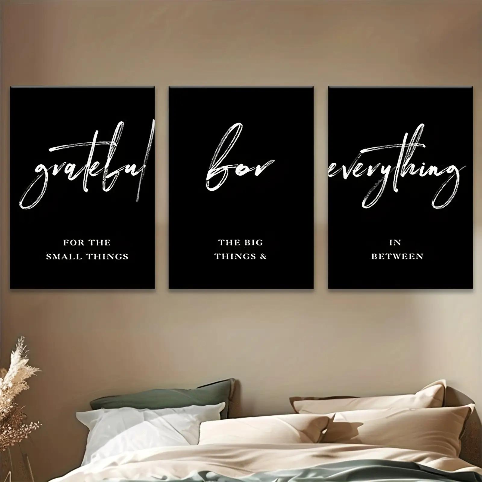 2D flat-Minimalist Canvas Art Set 3pcs Minimalist Inspirational Quote Canvas Art Set Frameless Poster  Painting, Modern Letter Print, Grateful Love Everything Wall Canvass - Suitable for Valentine's Day