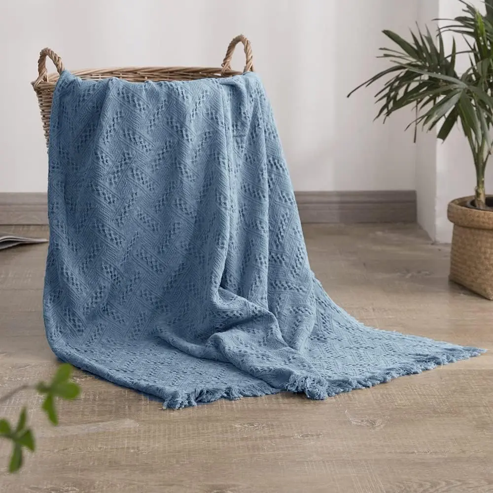 Throw Blanket for Bed, Couch, Boho Luxury Geometric Knit Woven Blanket with Tassels Soft Lightweight Cozy Breathable,   Decoration for -(Blue)