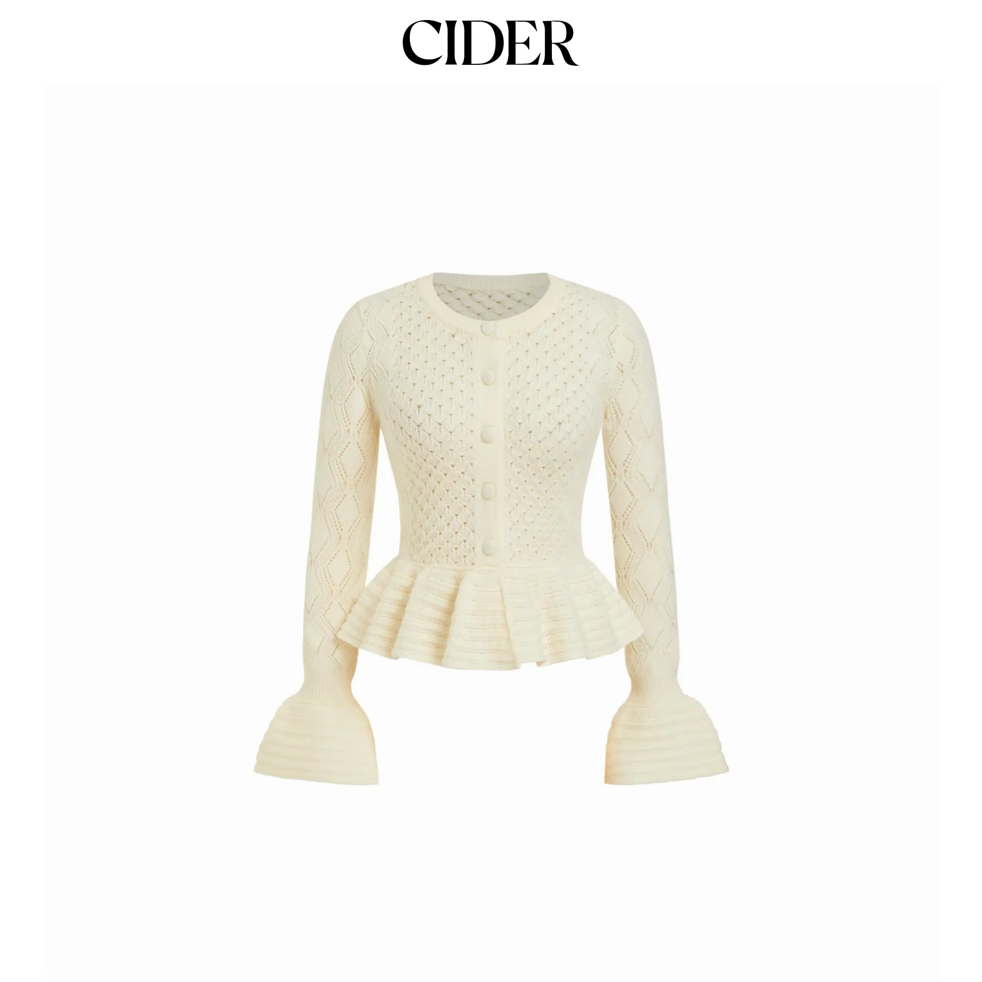 Cider Knit Pointelle Bell Sleeve Peplum Ruffle Hem Cardigan