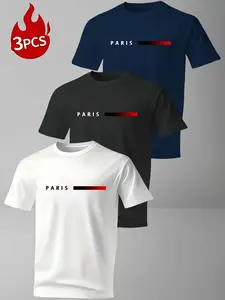 Three-Pack Men's Geometric Print Parisian Style Casual Short Sleeve T-Shirt, Breathable Polyester, Summer Essential