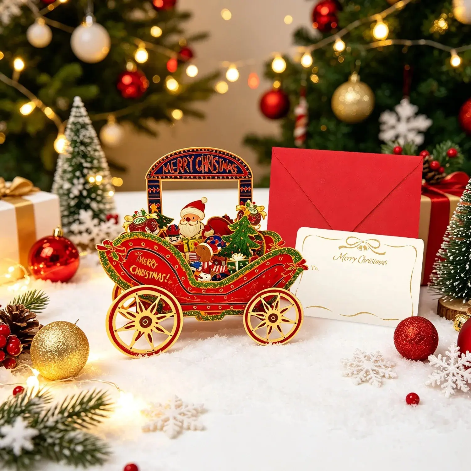1Set Christmas Carriage 3D Card – Gold Foil Santa Gift Cart Greeting Card with Envelope & Note Card for Xmas Holiday Blessings, Keepsake Handwrite
