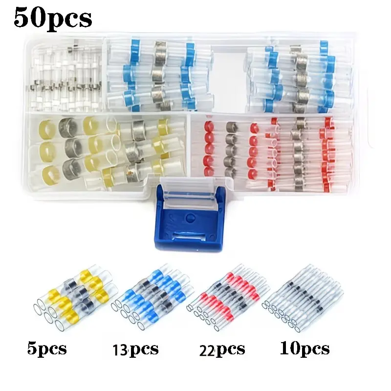 50pcs Heat Shrink Welding Sleeves, Durable Mini Solder Rings, Cable Management Connectors, No Battery Required, Includes Box