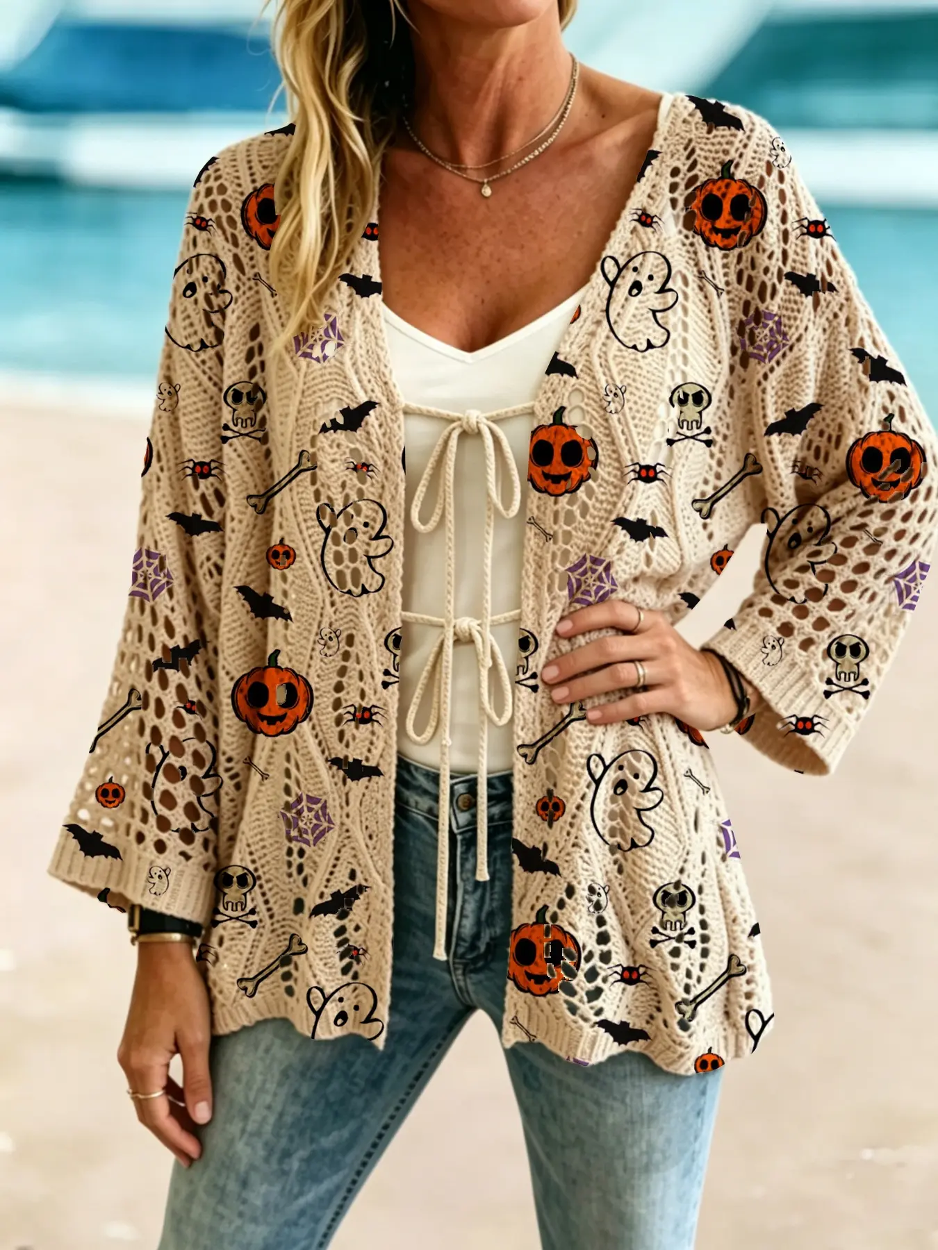 Women's Elegant Halloween Ghost Print Long Sleeve Knit Cardigan, Casual Breathable Knitted Sweater, Open Front Tie Closure, Spring Summer Fall Clothing