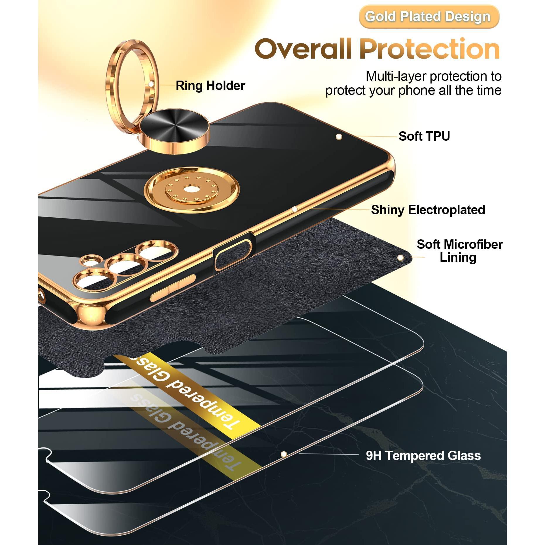 For Galaxy A14-5g Phone Case: 2 Pack Tempered Glass Screen Protector And 360° Rotatable Ring Magnetic Kickstand  Rose Edge Cell Android Basic Funda Para A 14 5g Cover Black