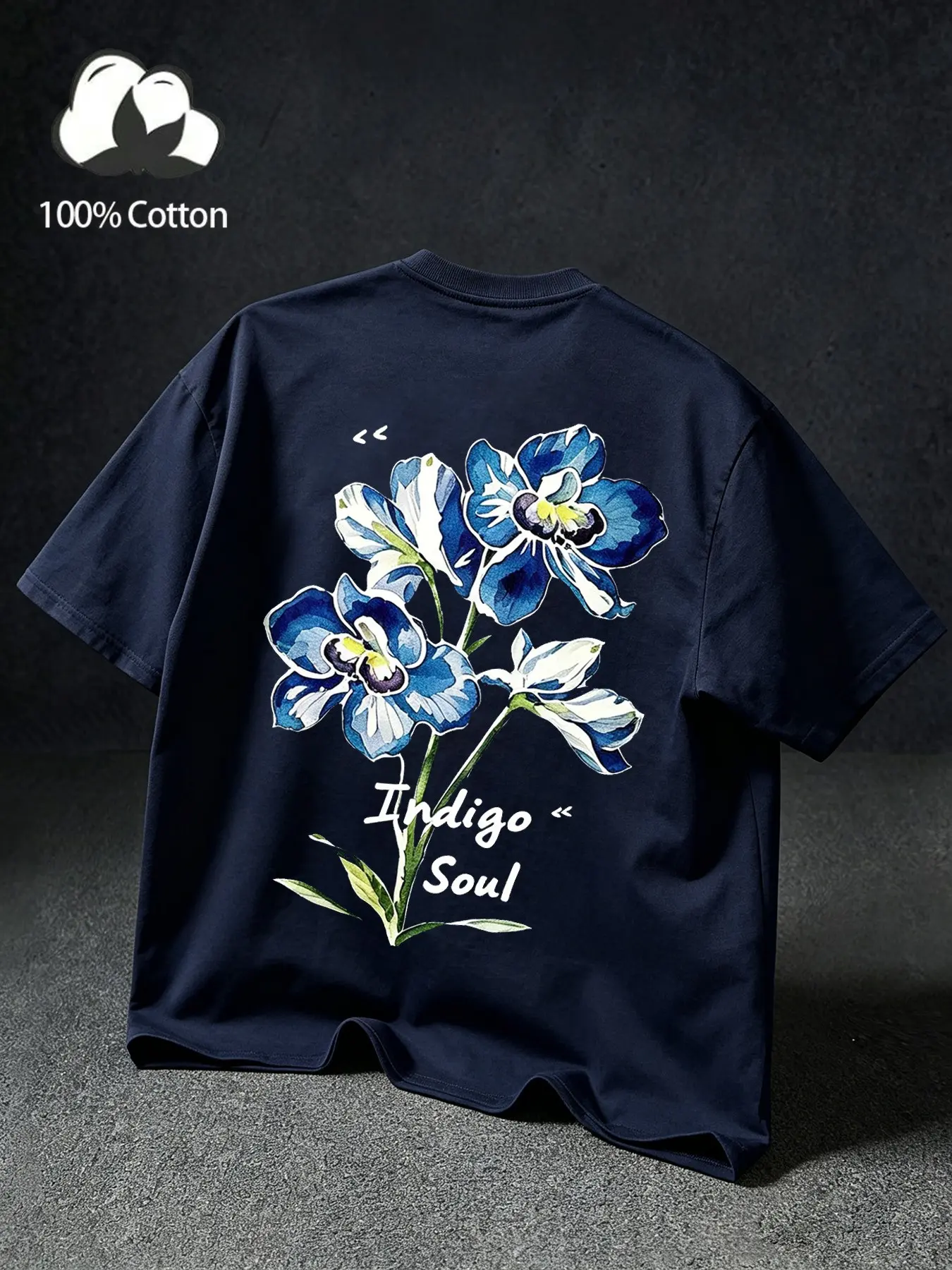 A unisex, street-style, Round neck American retro art hand-drawn orchid print T-shirt made of 100% cotton, featuring a relaxed adaptation, the design features a vintage indigo floral pattern, perfect for pairing with casual, street-style tops