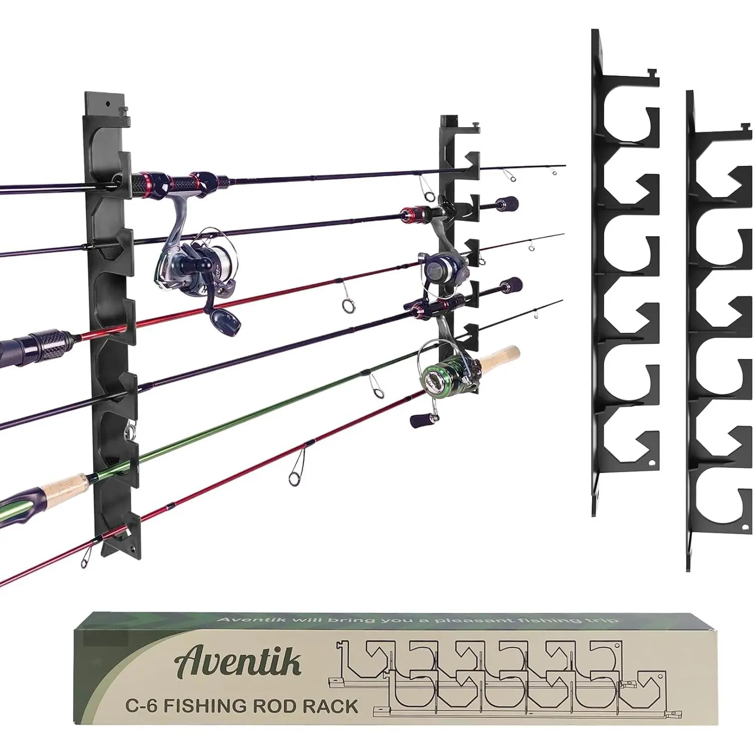Horizontal Fishing Rod Holder for Garage Wall or Ceiling Mounted Fishing Pole Holder Holds 6 Rods or Combos, Fishing Rod Rack for Wall, Fishing Rod Storage Organizer (Black)