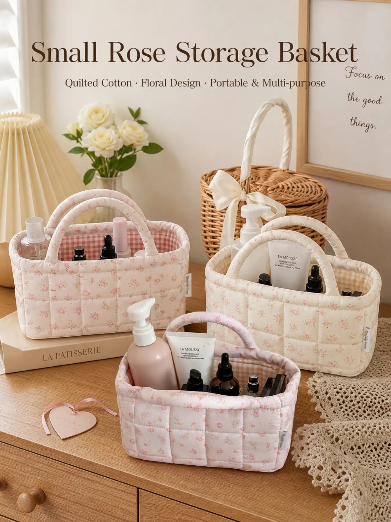 Multifunctional Rose Quilted Handbag Storage Basket, Washable Thick Fabric Organizer, Mini Storage Basket for Bathroom Items, Baby Toys, Office Supplies, Essentials Storage
