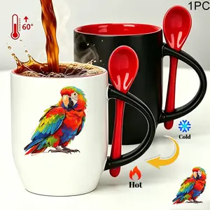 11oz Premium Ceramic Heat Sensitive Color Changing Coffee Mug With Attached Red Spoon, Colorful Macaw Parrot Magic Morphing Cup, Novelty Birthday & Teacher Appreciation Gift For Bird Lovers Coffee Drinkers