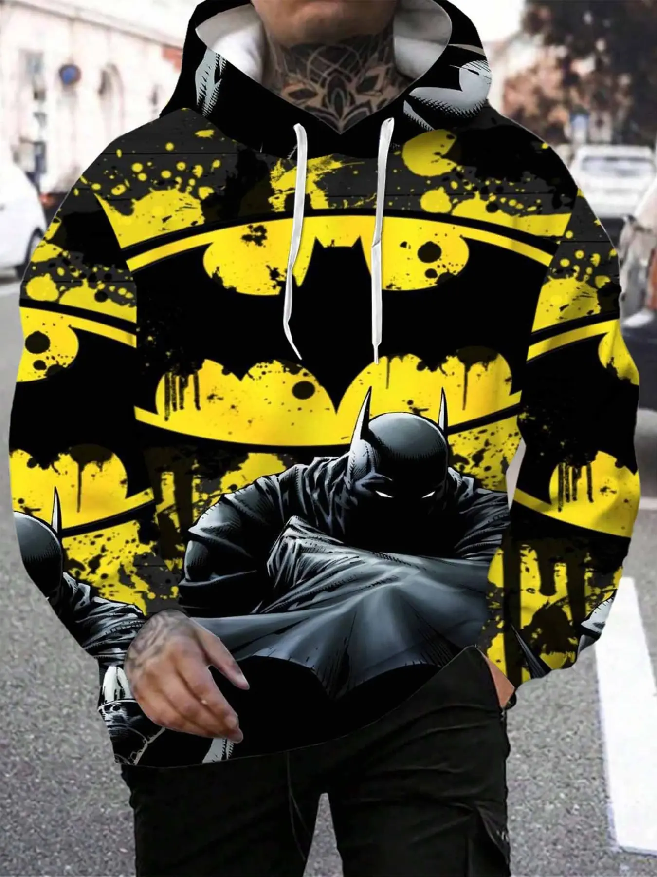 Batman Pattern Print Hooded Sweatshirt, Dc Warner Exclusive, Fitted Casual Top, Men's Autumn & Winter Wear, Adult Hoodie