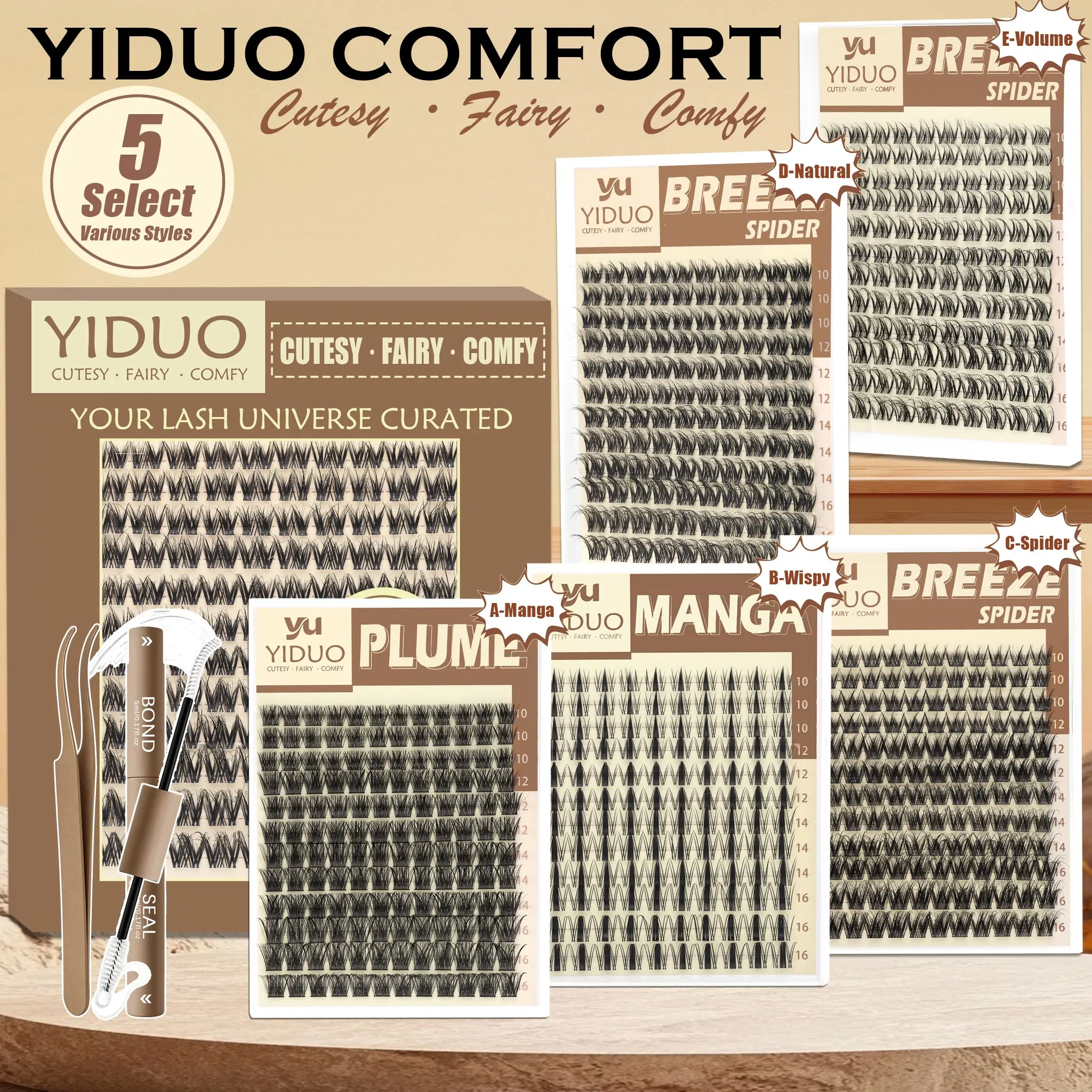 YIDUO  DIY Lash Extension Clusters, Various Varieties (Manga, Wispy, Spider, Natural, Volume) w/ Bond, Seal & Tweezers. Ultra-Soft 0.05mm Band, D-Curl Fluffy Lashes, Waterproof, Sweatproof, Reusable, Effortless App for 3D Eye Looks. Eyelashes