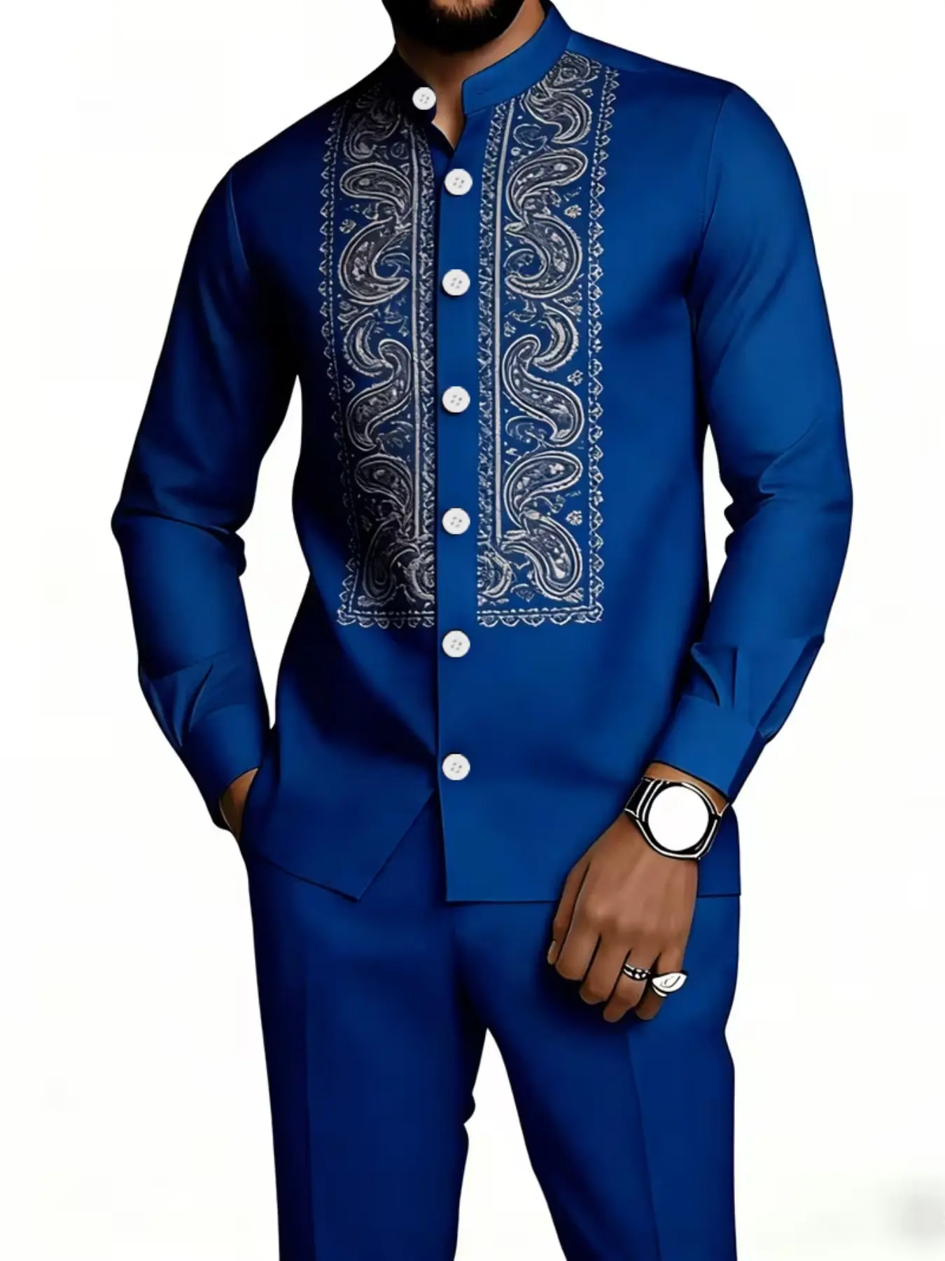 3D printing design, Menswear, texture free 2-piece European and American men's seasonal casual shirt set - stand collar long sleeved shirt paired with casual pants, wrinkle resistant fabric, suitable for daily street wear