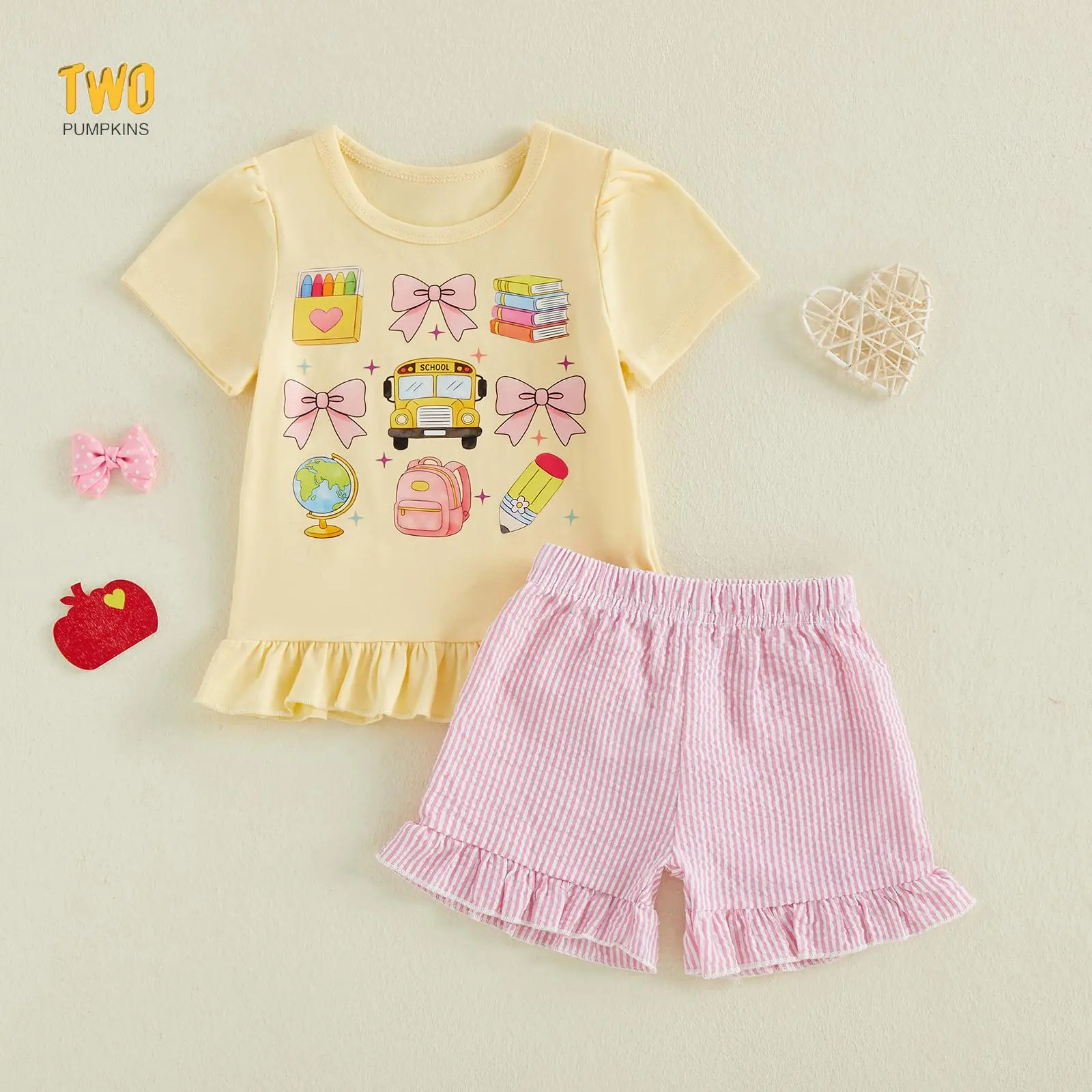 Toddler Girl Back To School Outfit School Bus Pre-k T-shirt Tops And Ruffle Shorts 2pcs Kids Kindergarten Clothes Set 0-6 Years
