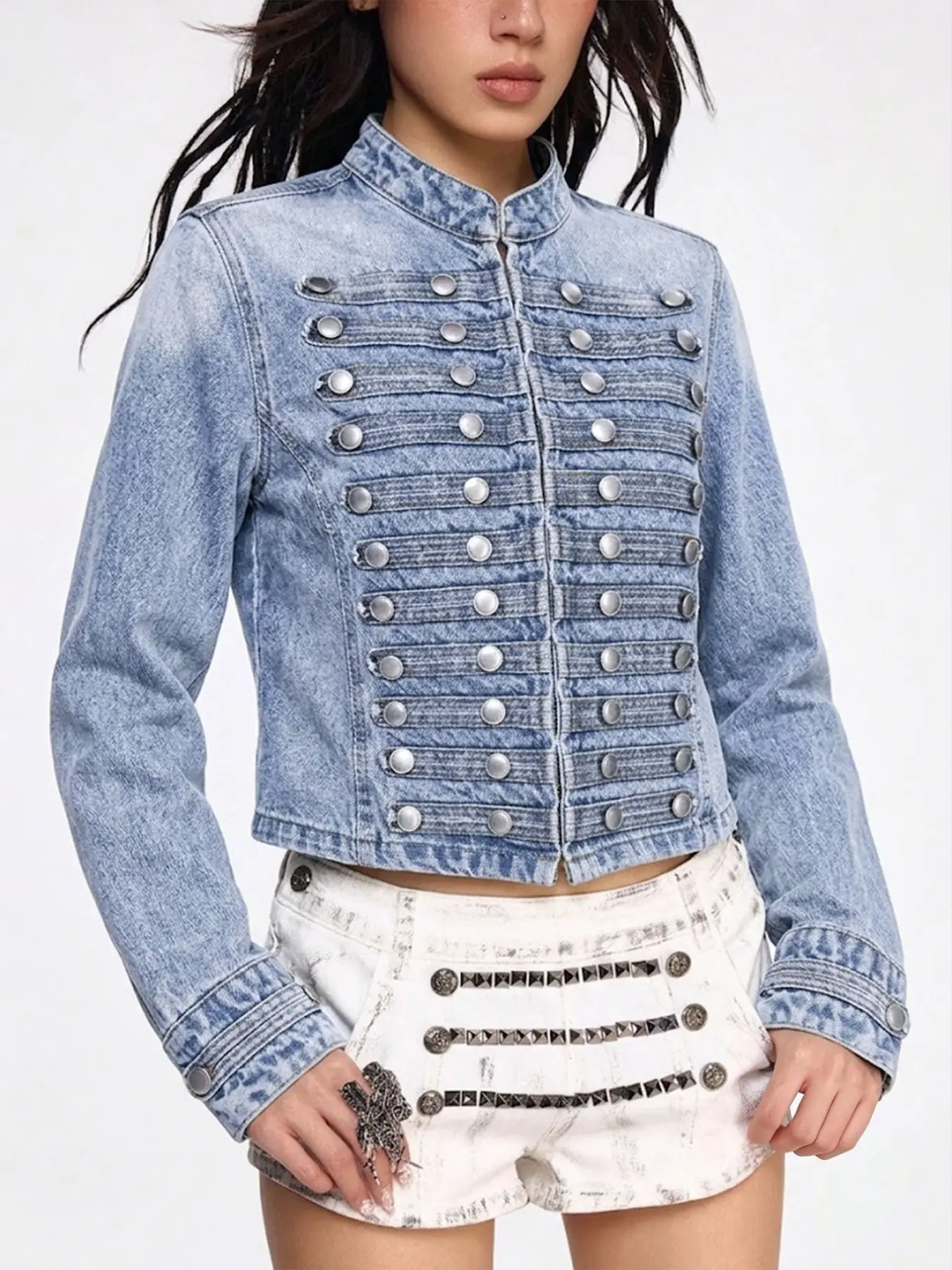 GILIPUR Y2K Subculture Washed Denim Cropped Jacket Coats – Vintage-Style Military Double-Breasted Stand-Collar Jacket – Edgy Western-Style Casual Streetwear Top (TChic)