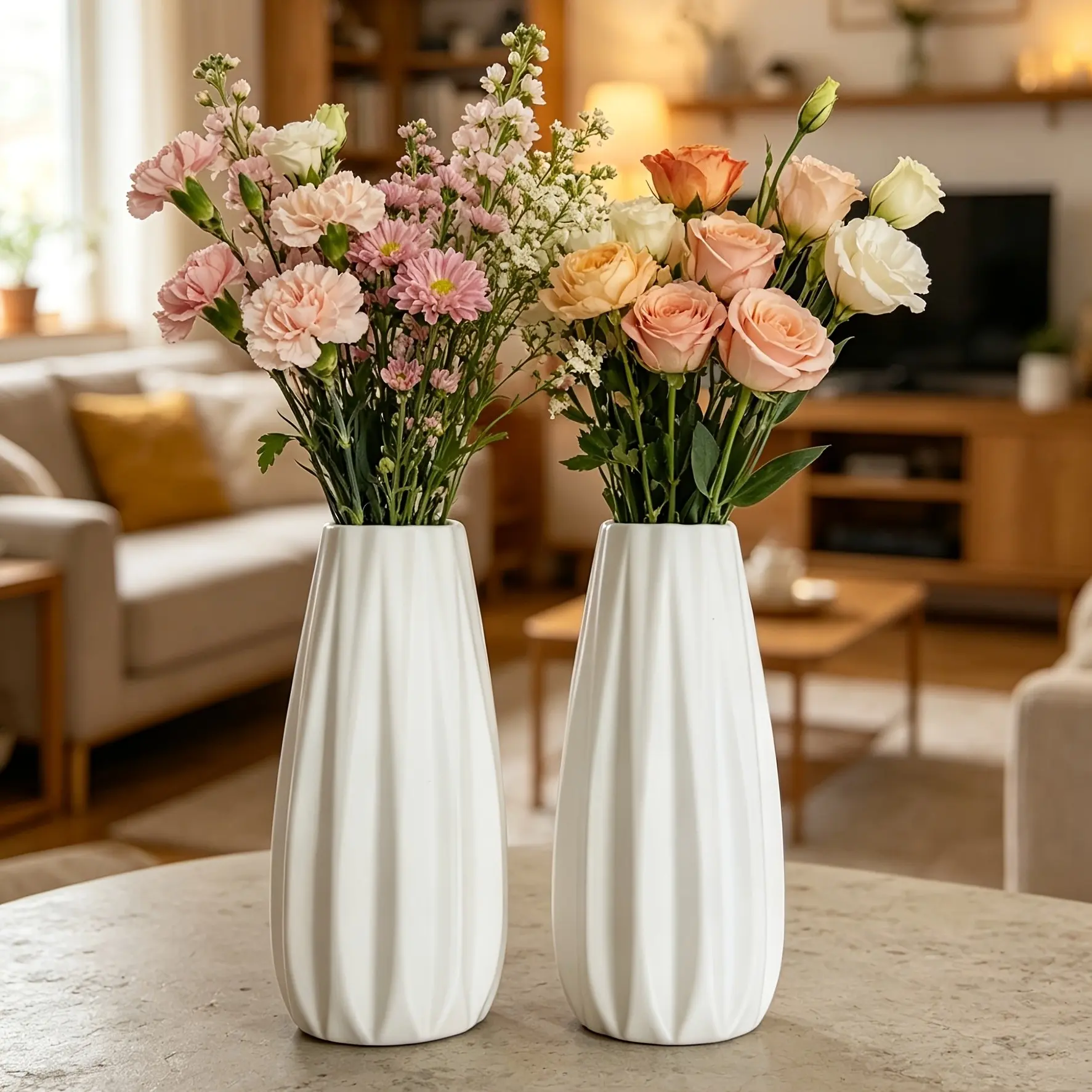 Pure Plastic Decorative Vase with Vertical Stripe, Ideal for Floral Arrangements, Perfect for Dining Table & TV Cabinet Decorations, Vase for Flowers, Flower Vases