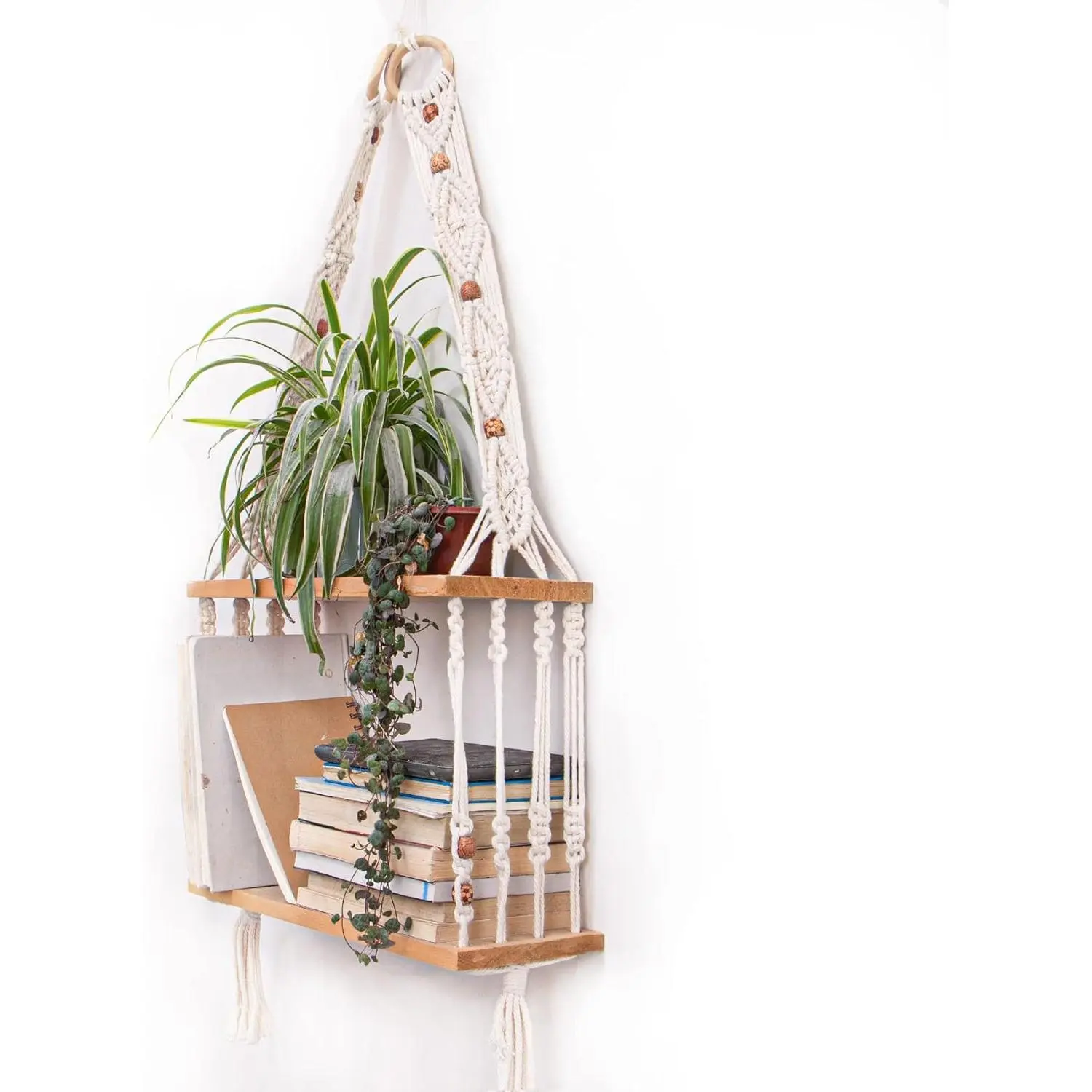 TENEWEE Boho Hanging Floating Shelves - Handmade Macramé Wood Shelf with Multi-Hooks, Decorative for Plant & Photo Display in Bedroom, Living Room, Boho Floating Shelves