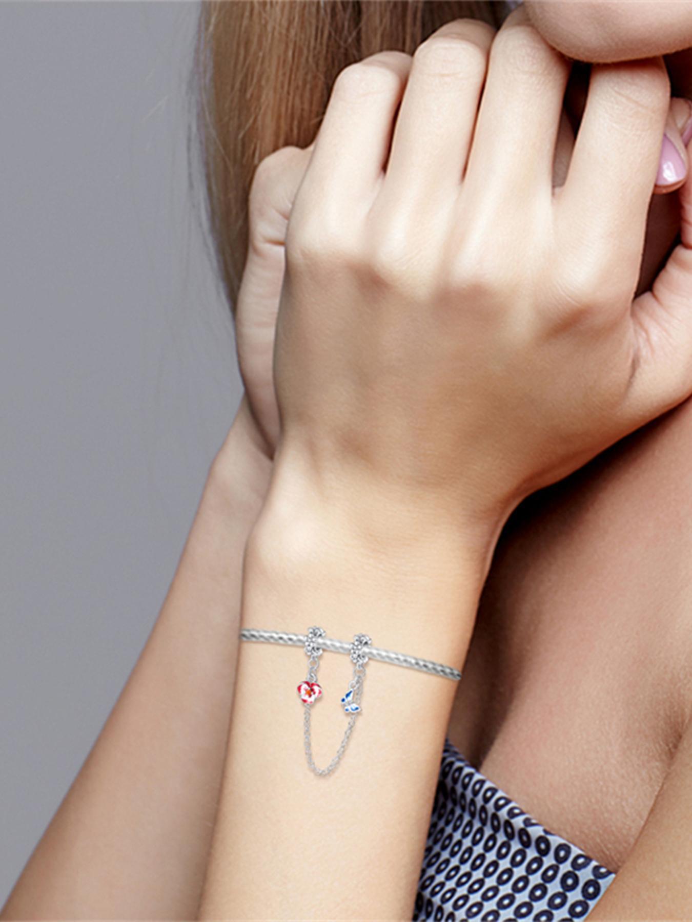 S925 Sterling Silver Cute Flower & Butterfly Design Safety Chain Charms, Fashionable Beads for Women's Bracelet & Necklace & Keychain, DIY Jewelry for Birthday Gift