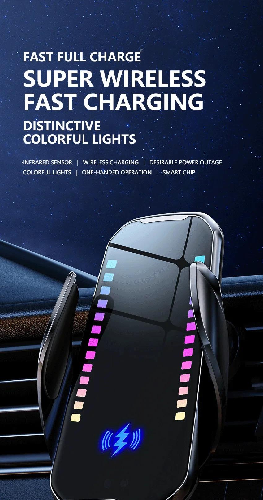 Wireless Charging Smart Rhythm Color Lights with Infrared Sensing, Adjustable Car Phone Holder & Retractable Stand for Music and Car Use magnetic phone holder, Car Wireless Charger, Wireless Fast Charging,summervibes