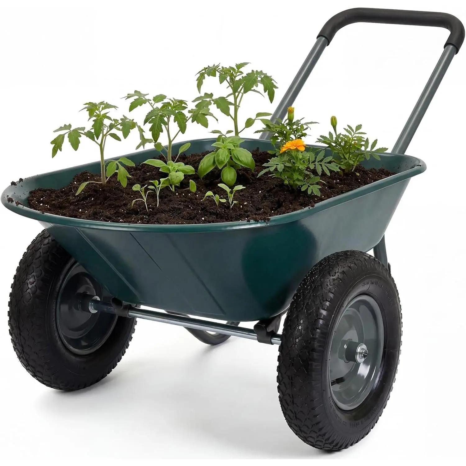 Wheelbarrow Garden Cart, Heavy Duty Home Utility, Dual-Wheel Home Garden Yard Utility Wheelbarrow Cart with Built-in Stand,(Green)