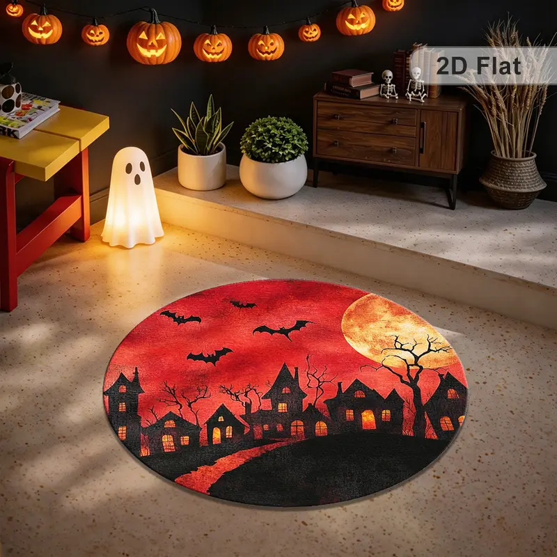 1pc Red Black Gothic Halloween Round Area Rug, 2D Flat Bat,  Velvet Carpet, Washable Non-Slip Distressed Floor Mat for Bedroom Living Room Bathroom Den Office, Home Decor, 2D Flat