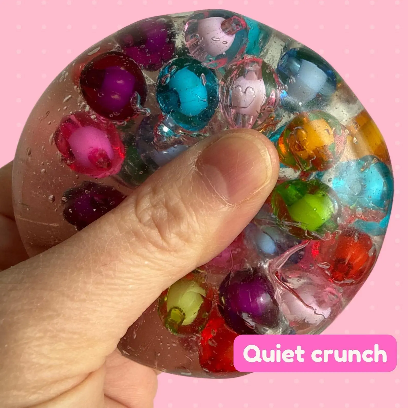 Crunchy bead squishy, quiet ASMR fidget, clear gel sensory squishy, textured tactile fidget, slime bead ball