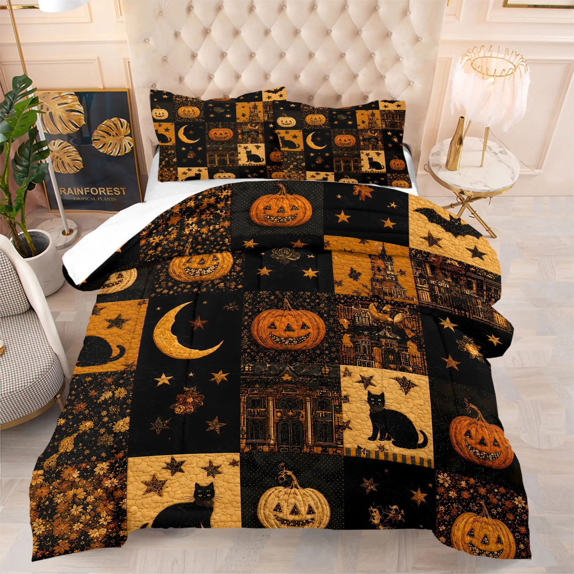 2/3Pcs Vintage Patchwork Halloween Comforter Set, Retro Black Cat Pumpkin Quilt Bedding Set with Pillowcase, Soft Microfiber Dark Spooky Bedroom Decor for Teen Girls, All Season Bedspread No Pillow Core, Home Bedding Set