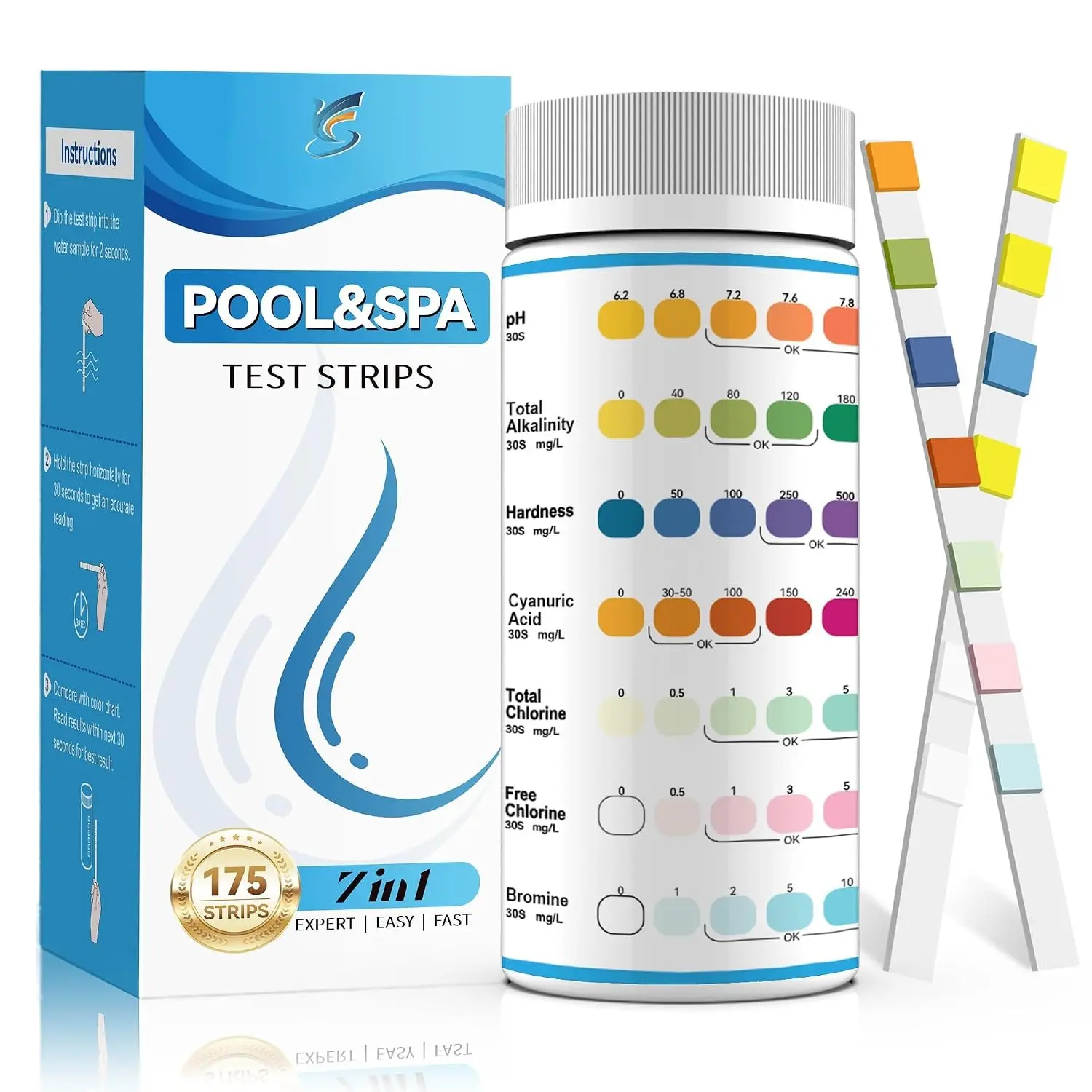 175-Count 7-Way Pool Test Strips,Water Chem Test Hot Tub  | Test Bromine, Alkalinity,pH,Free Chlorine, Hardness,Cyanuric Acid,and  Chlorine