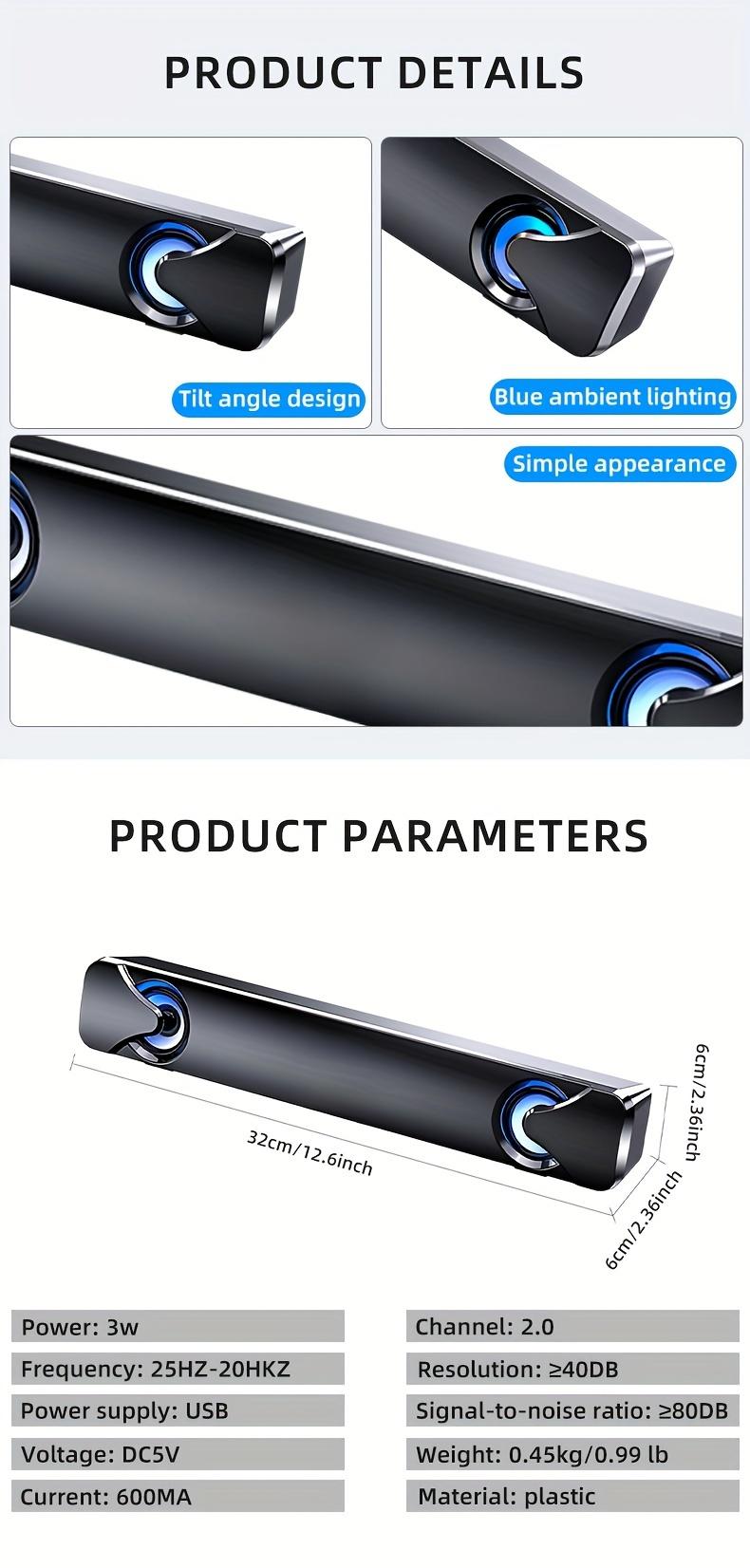 Computer Speakers, Soundbar, Desktop Computer Speakers, Laptop Speakers, Desktop Speakers, Wired Connection, with LED Ambient Light, USB Interface Power Supply, Suitable for Devices with 3.5Mm Audio Interface Connection, Such As: Computers, Tablets