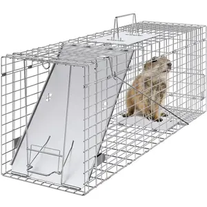 Live Animal Cage Trap, 31" x 10"x 12" Humane Cat Trap Galvanized Iron, Folding Animal Trap with Handle for Rabbits, Stray Cats, Squirrels, Raccoons, Groundhogs and Opossums