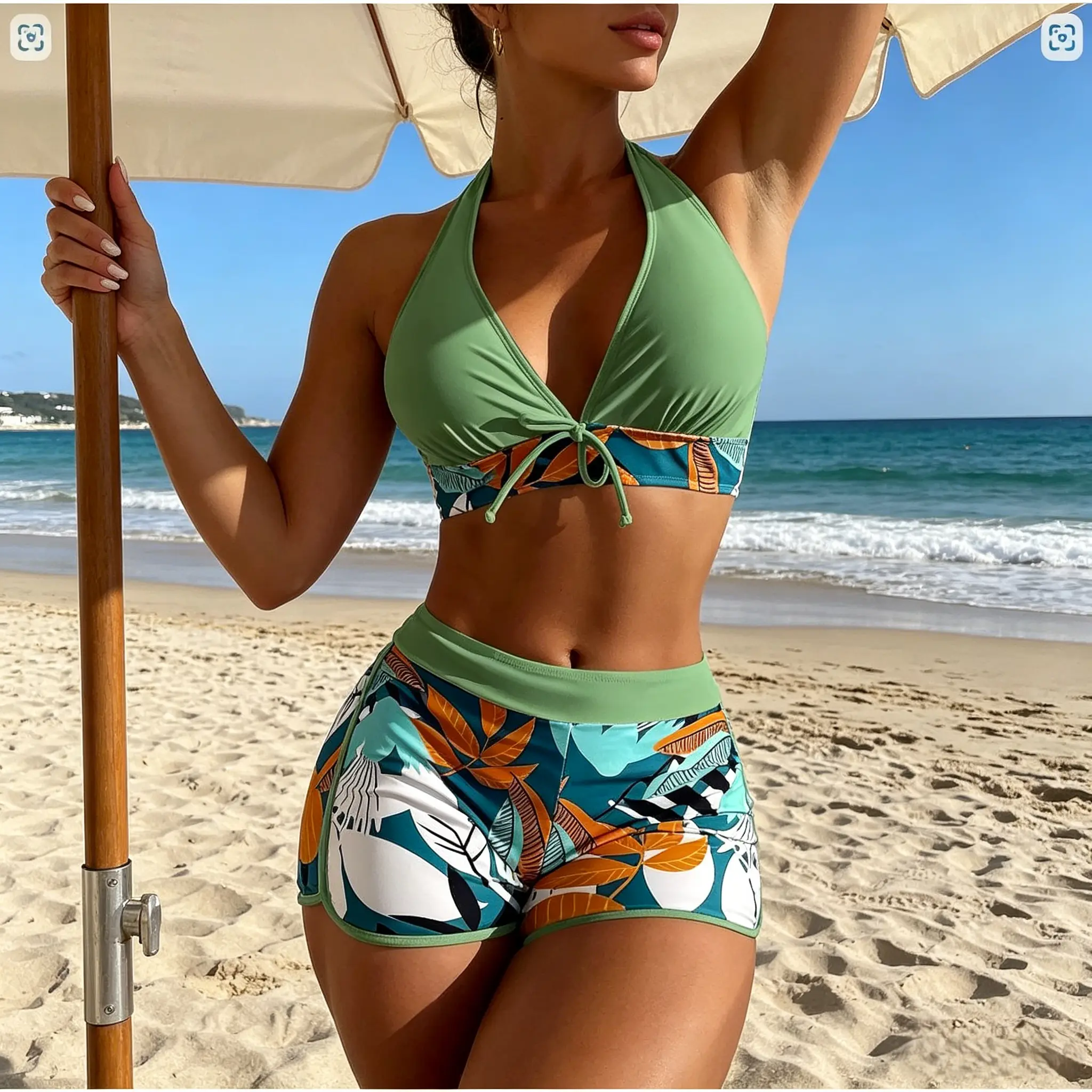 Women's 2026 New Arrival Quick Dry Tropical Print Halter TieFront 2 Piece High Waisted Bikini Set Tummy Control High CutSwim Shorts Bathing Suit Trendy Boho Floral Swimwear forBeach Vacation Surfing & Pool Parties