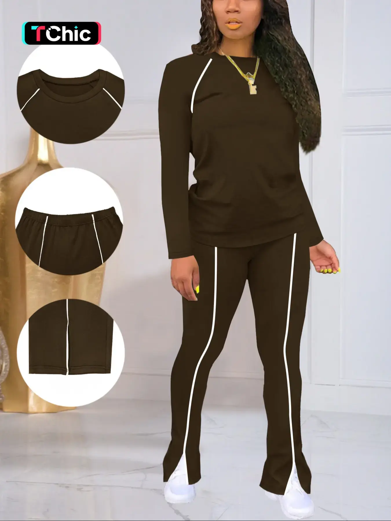 Women's Fashion New Basic Round Neck Solid Color Patch Long Sleeve Fitted Top & Pants Set, Two-Piece Matching Outfit for Casual Wear Clothes