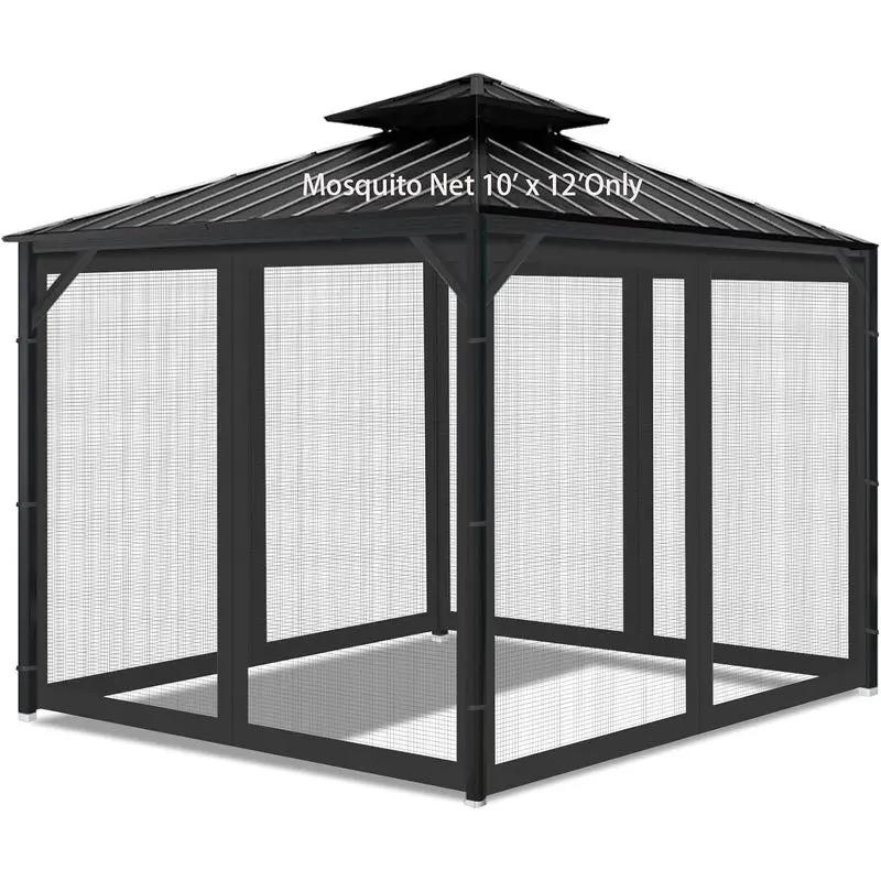 Universal Replacement Mosquito Netting for 10x12 ft Gazebos, 4-Panel Black Mesh Screen with Zippered Walls for Outdoor Patios (Netting Only), 10X12 Feet