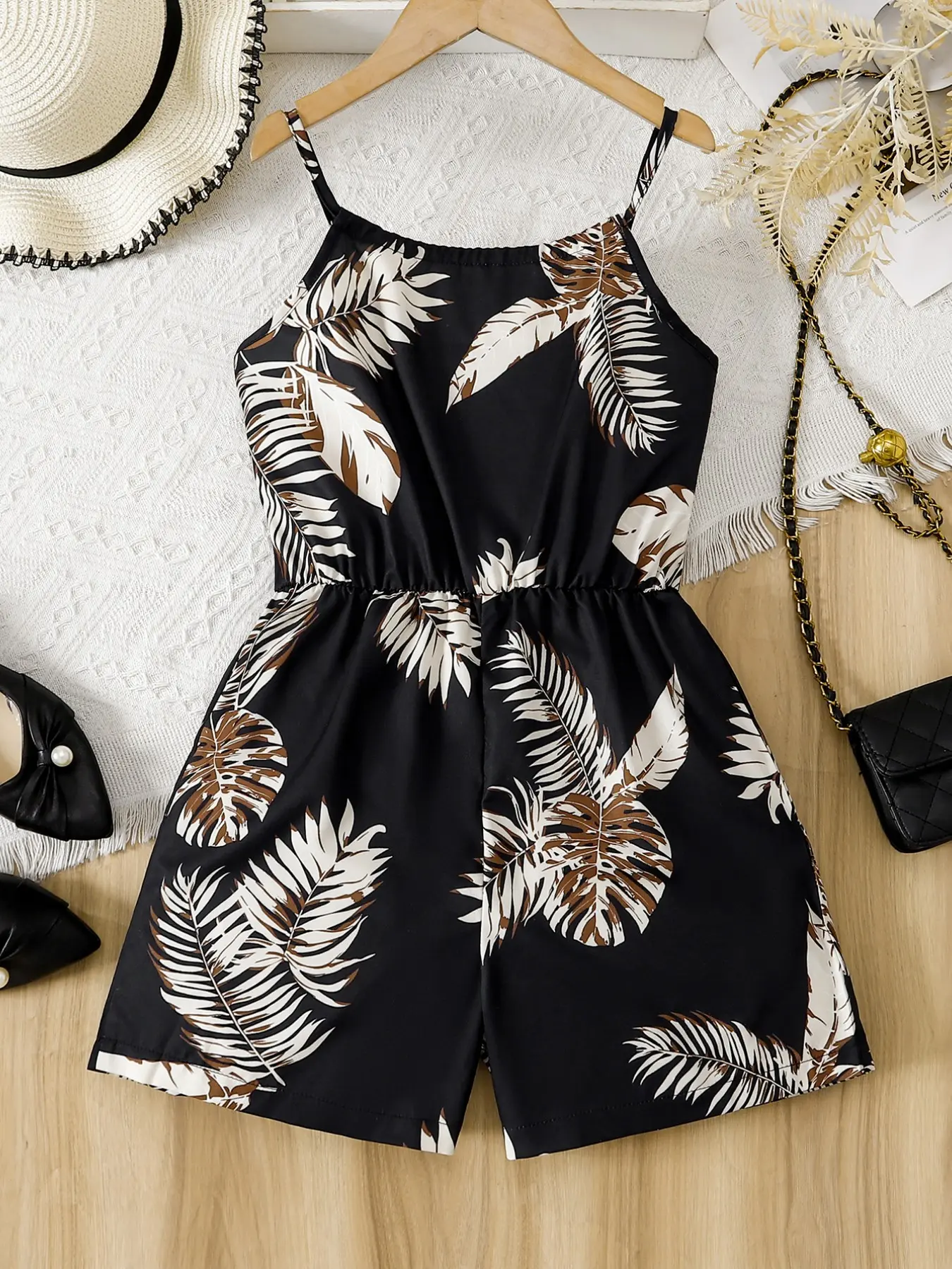 High-Waisted Tropical Palm Leaf Print Jumpsuit, Sleeveless Loose-Fit Elegant Summer Beachwear, Must-Have for Vacation, Elegance