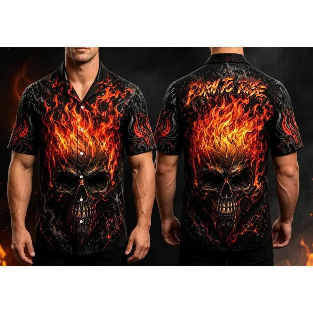 Flaming Skull Hawaiian Shirt, Burn To Rise Shirt, Gothic Skull Button Up, Halloween Party Shirt # TikTokMadeMeBuyIt # TikTokShop # Funny Hawaiian Shirt # Summer Shirt # Hawaiian Shirt