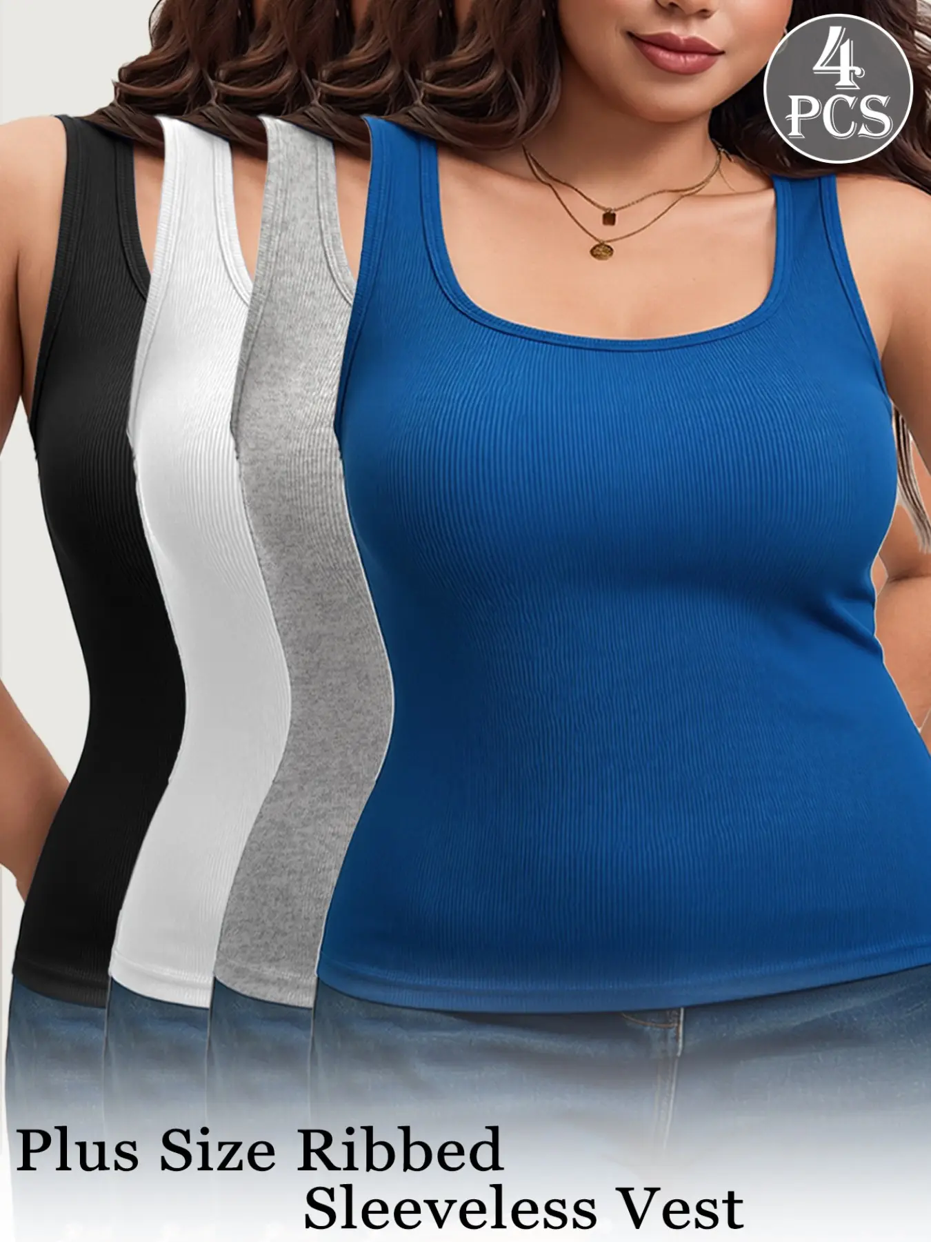 🎁A 4-piece set of plus-size curvy ribbed tank tops for women, featuring wide straps and a square neckline. These highly stretchy, elastic, breathable tops are perfect for casual, work, or everyday wear—ideal for layering and a great gift choice!