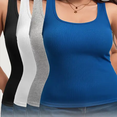 🎁A 4-piece set of plus-size ribbed Knit tank tops for women, featuring wide straps and a square neckline. These highly stretchy, elastic, breathable tops are perfect for casual, work, or everyday wear—ideal for layering and a great gift choice!